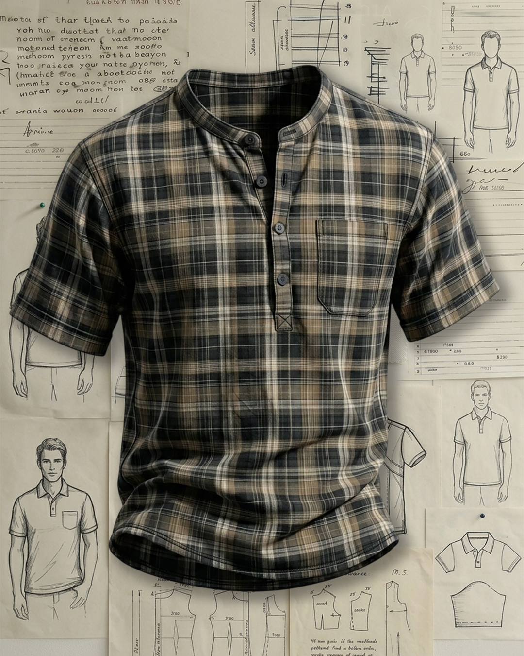 Men's Brown Black Plaid Henley Collar Loose Fit Casual Short Sleeve Shirt