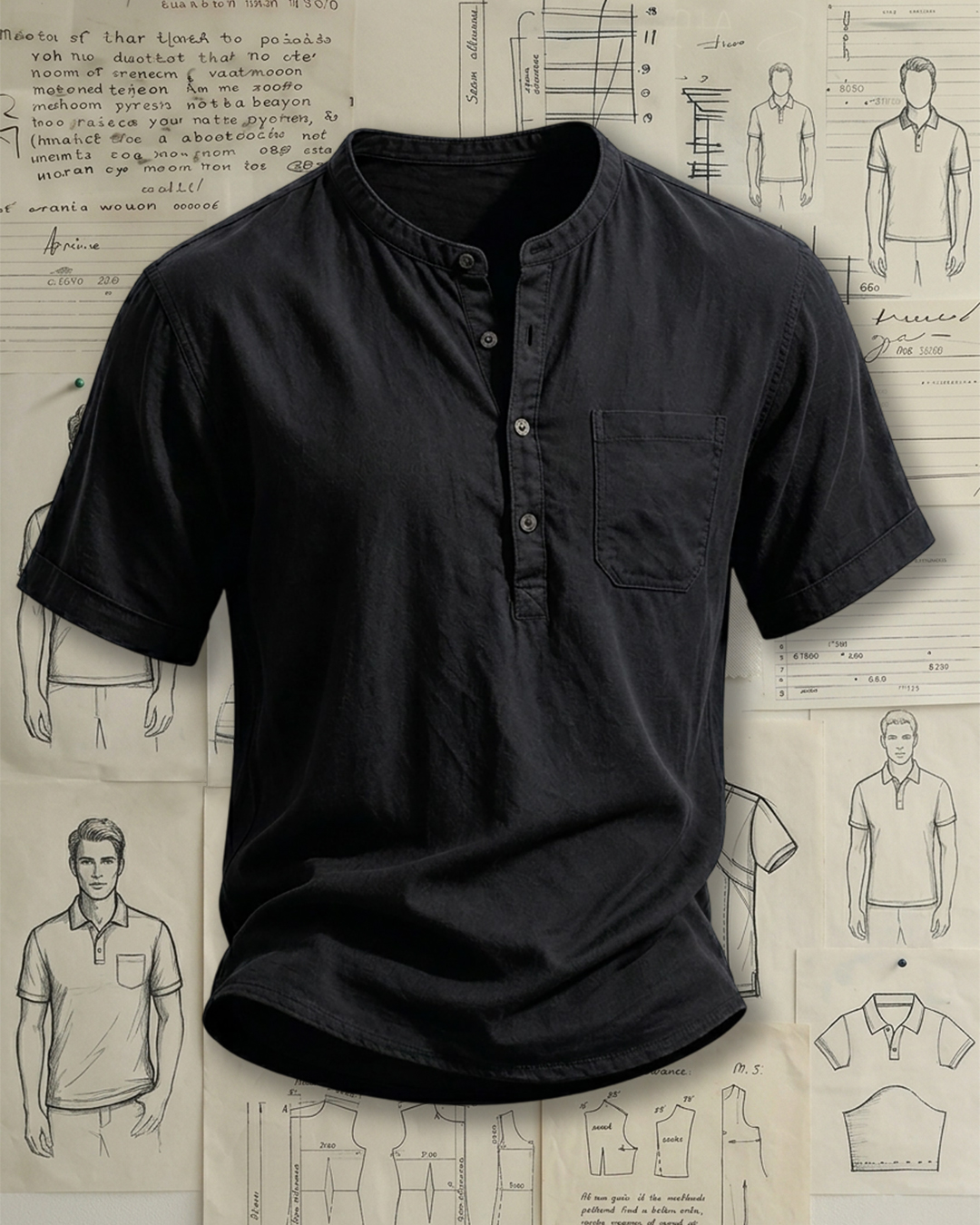 Men's Solid Black Henley Collar Loose Fit Casual Short Sleeve Shirt