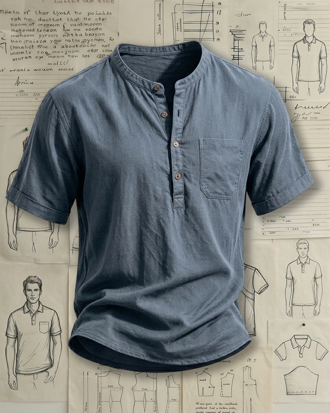Men's Washed Blue Solid Color Henley Collar Loose Fit Casual Short Sleeve Shirt