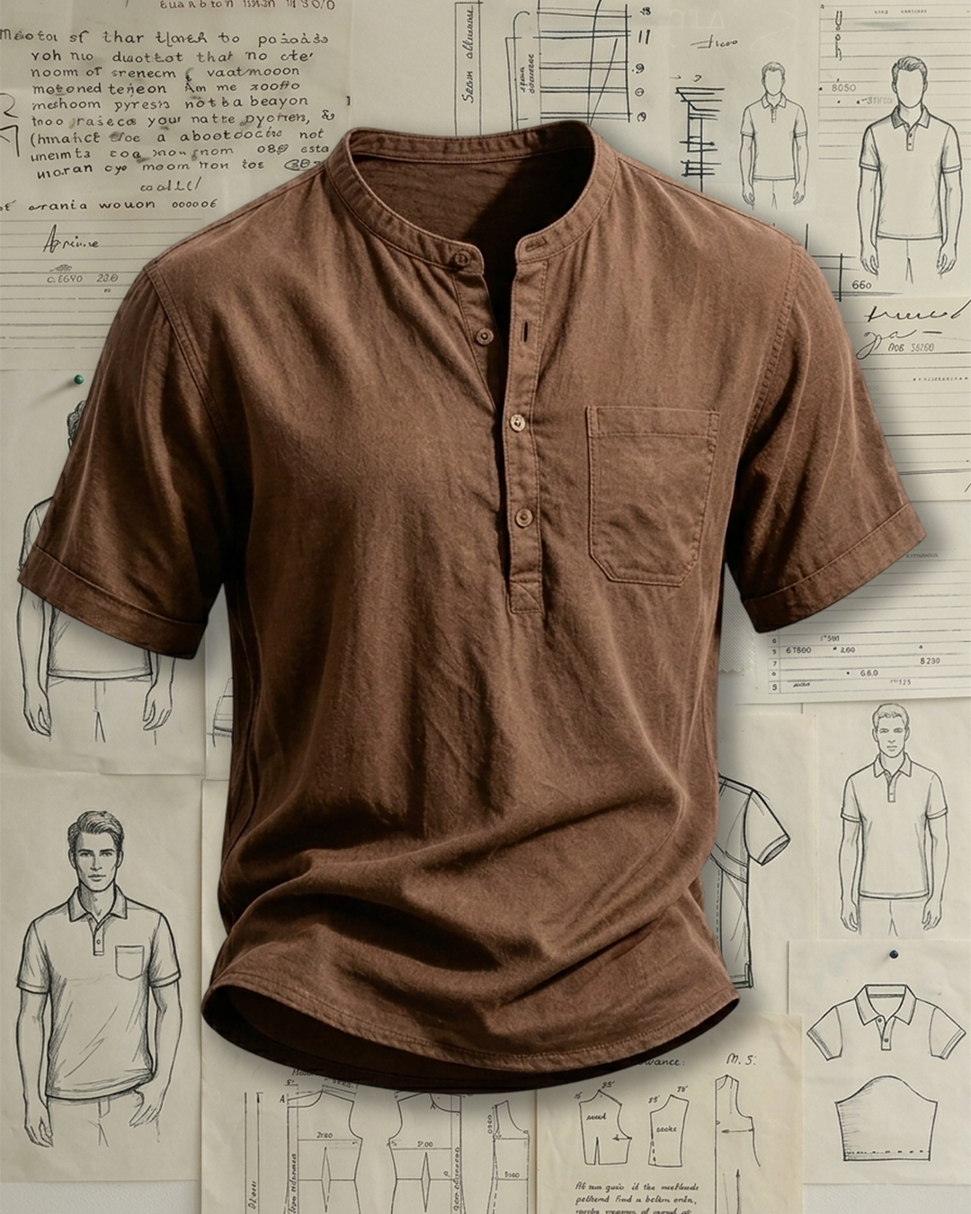 Men's Dark Brown Solid Color Henley Collar Loose Fit Casual Short Sleeve Shirt