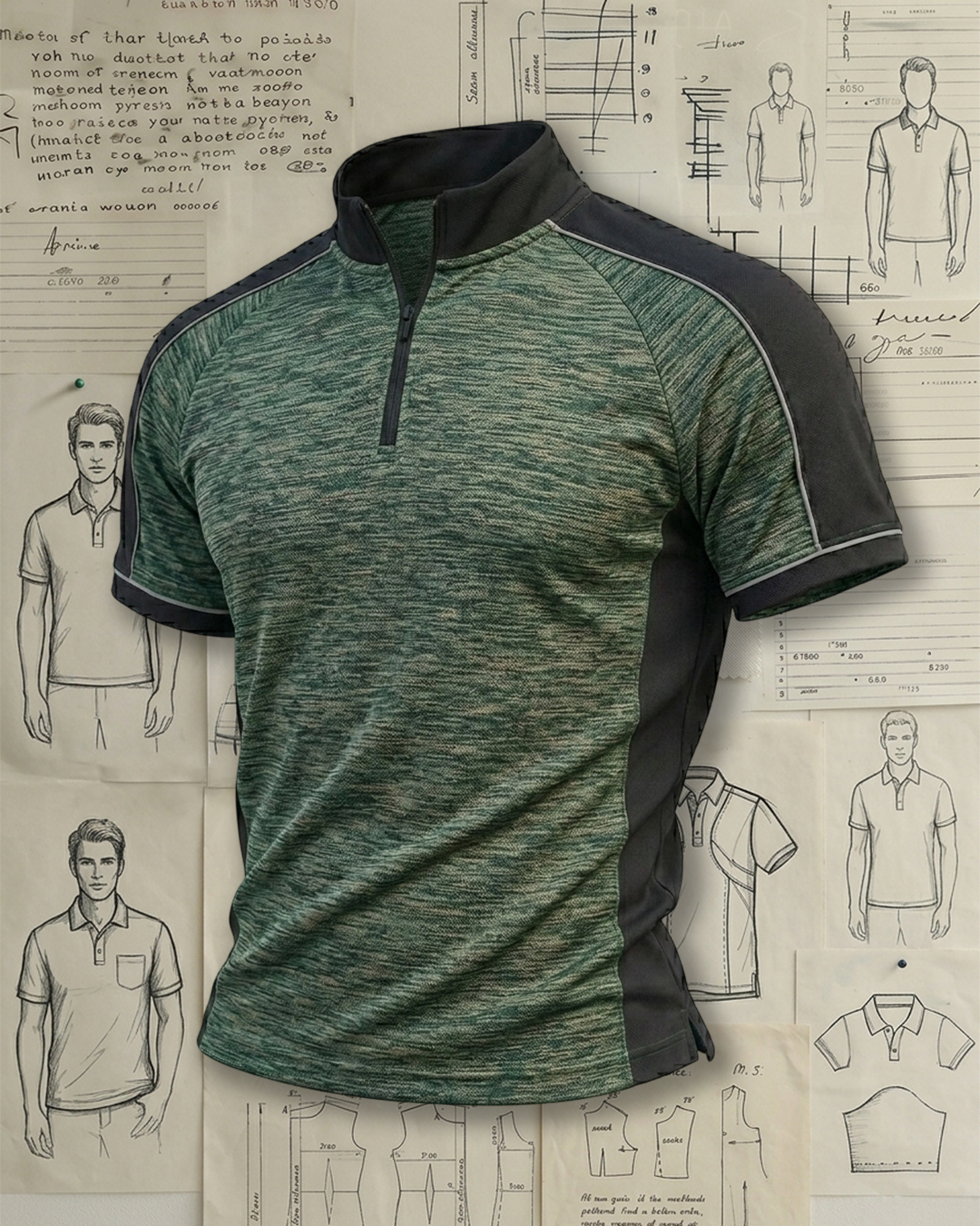 Men's Green Black Color-blocked Half-zip Stand Collar Performance T-shirt