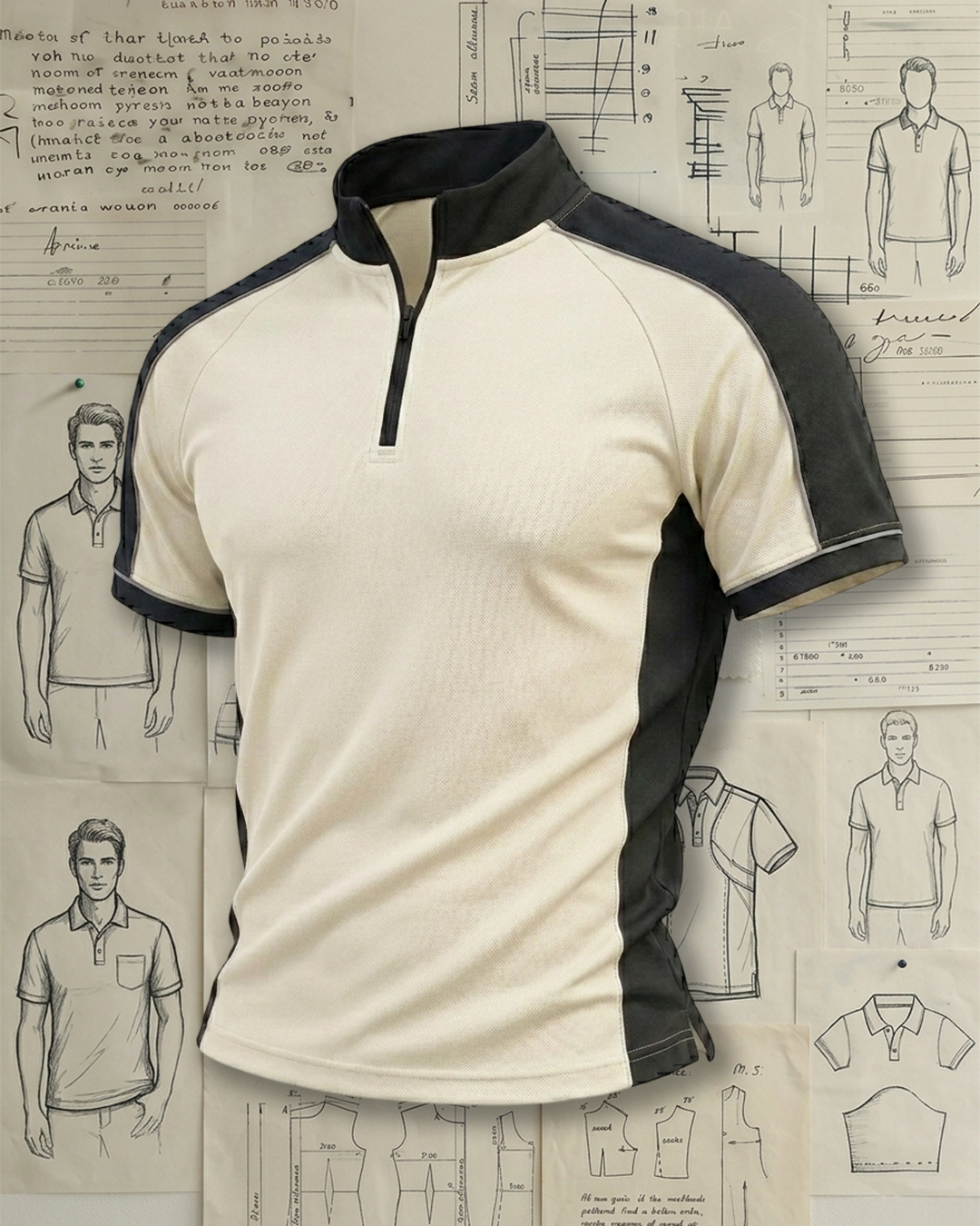 Men's Beige and Black Color-blocked Half-zip Stand Collar Performance T-shirt