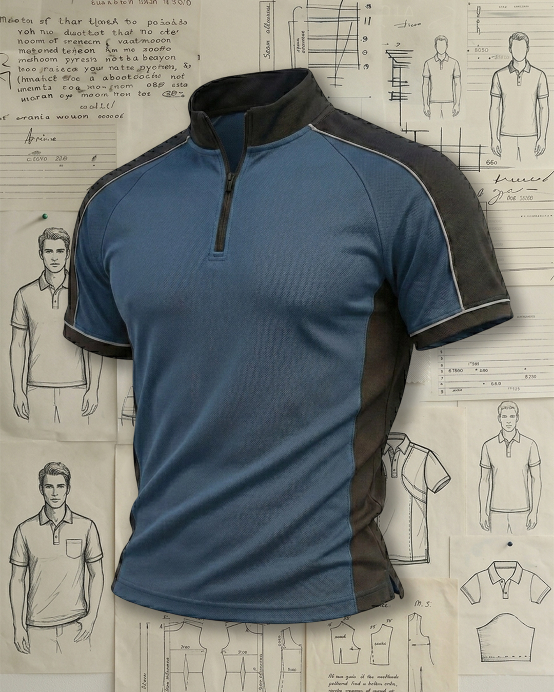 Men's Blue and Black Color-blocked Half-zip Stand Collar Performance T-shirt