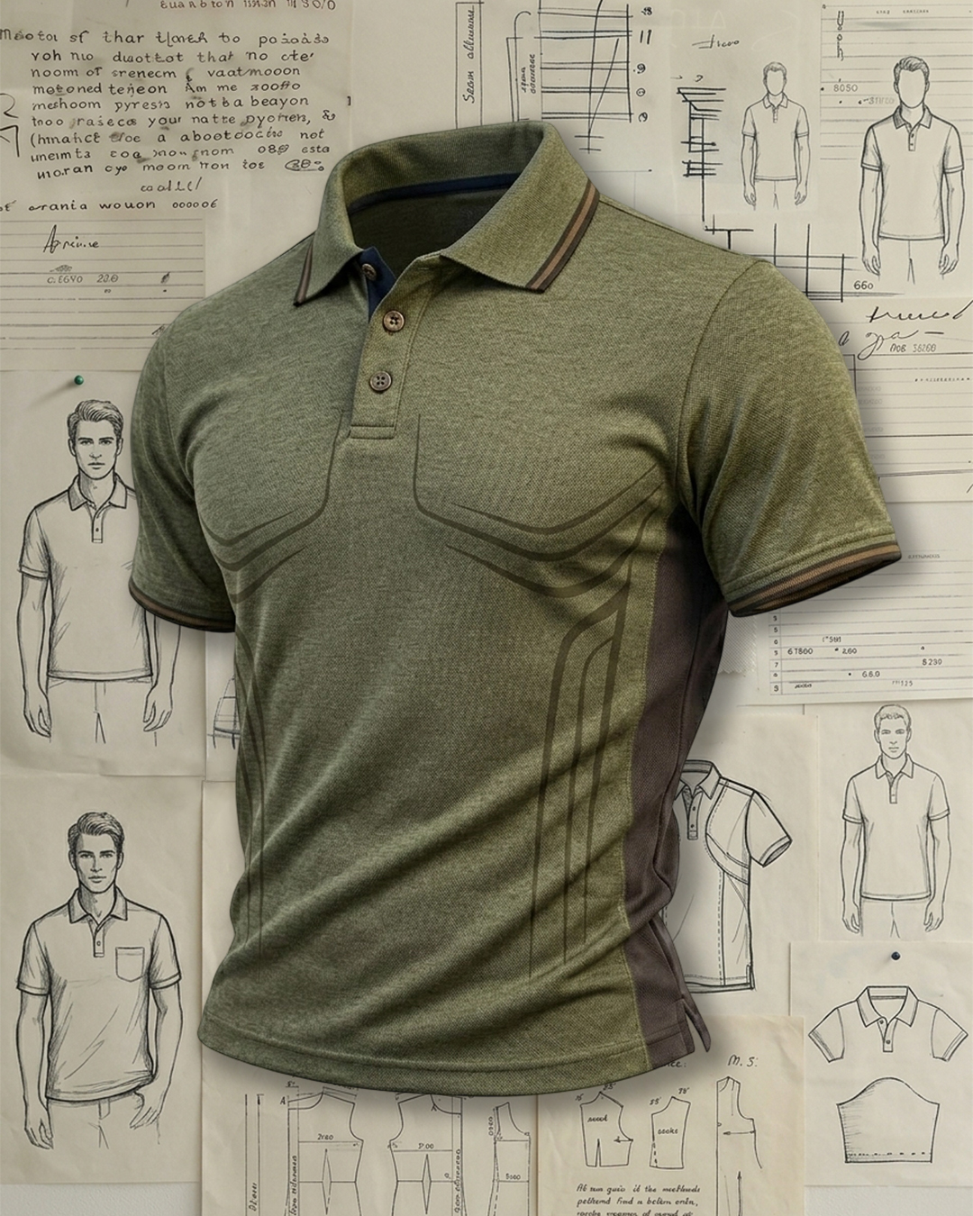 Men's Army Green Dark Pattern Color-blocked Business Casual Polo Shirt