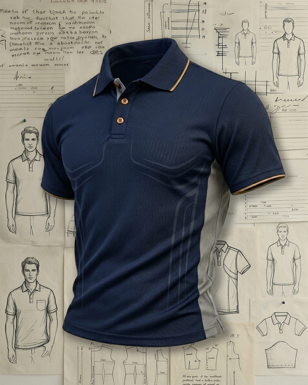 Men's Navy and Light Gray Dark Pattern Color-blocked Business Casual Polo Shirt