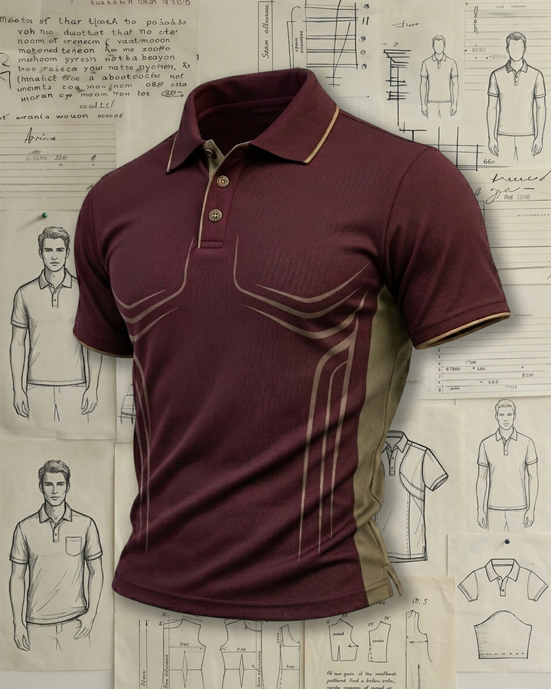 Men's Wine Red Khaki Dark Pattern Color-blocked Business Casual Polo Shirt