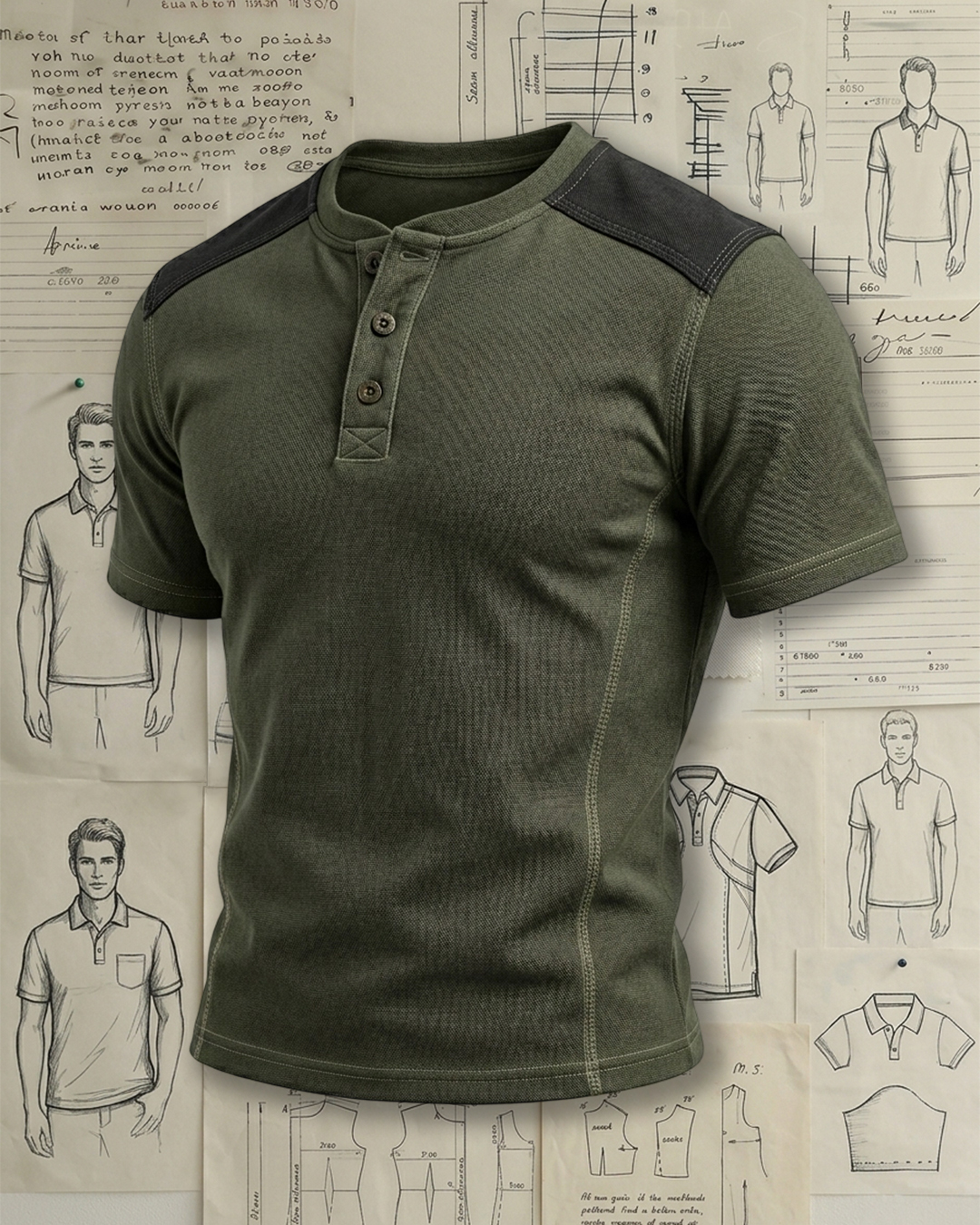 Men's Army Green Patchwork Workwear Henley Collar Slim Fit Short Sleeve T-shirt