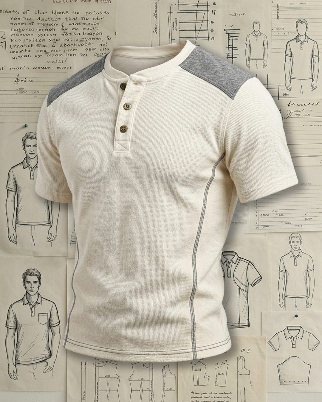 Men's bEIGE and Gray Patchwork Waffle Henley Collar Slim Fit Casual T-shirt