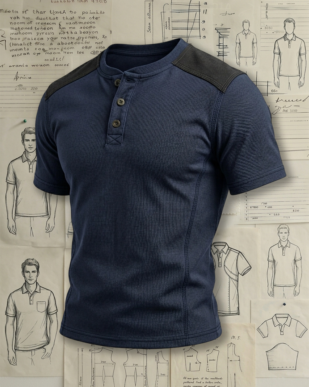 Men's Navy and Black Patchwork Workwear Henley Collar Slim Fit Short Sleeve T-shirt
