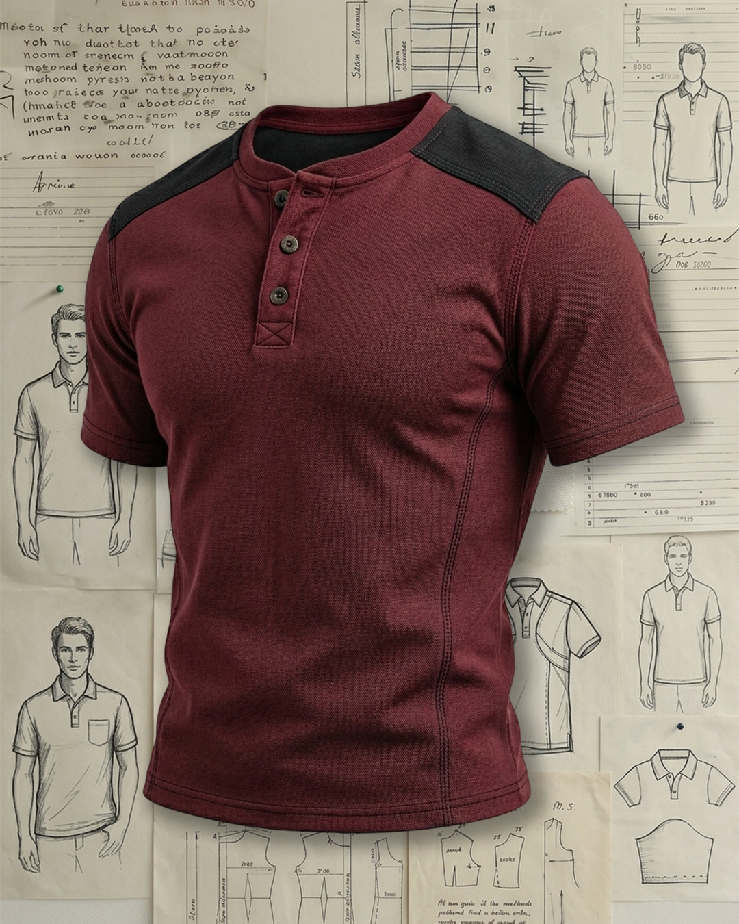 Men's Wine Red and Black Patchwork Workwear Henley Collar Slim Fit Short Sleeve T-shirt