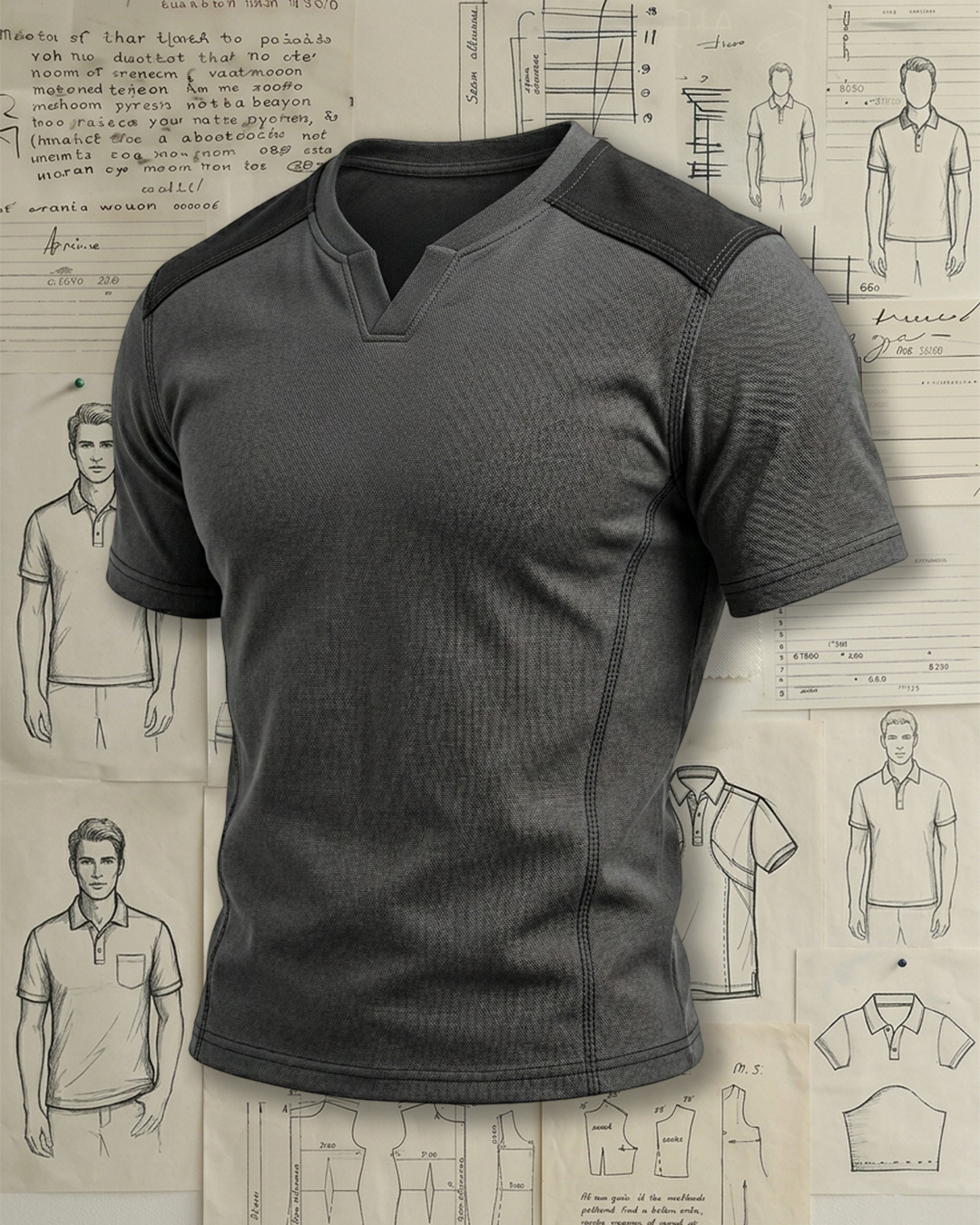 Men's Dark Gray and Black Patchwork V-neck Slim Fit Workwear Short Sleeve T-shirt