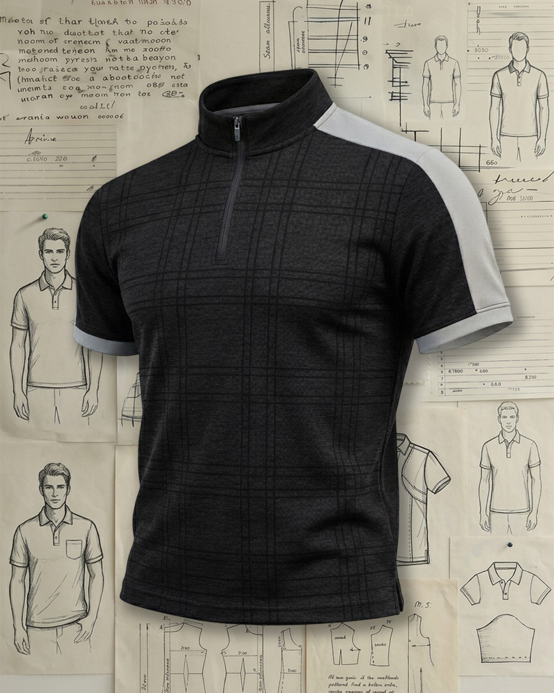 Men's Black and Gray Plaid Half-zip Stand Collar Slim Fit Business Casual T-shirt