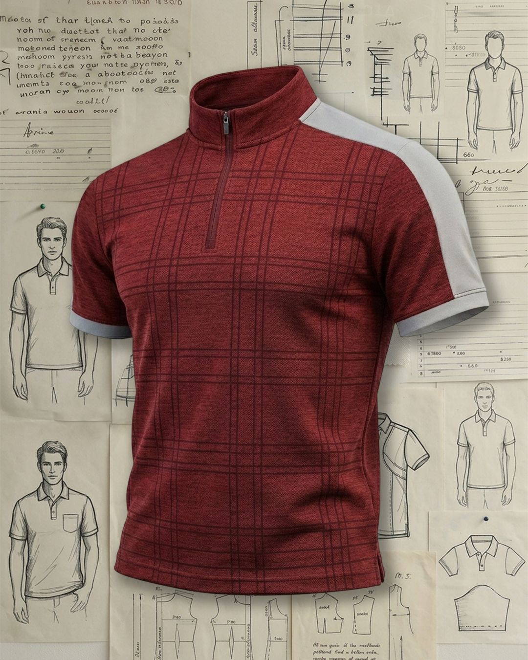 Men's Wine Red and Gray Plaid Half-zip Stand Collar Slim Fit Business Casual T-shirt