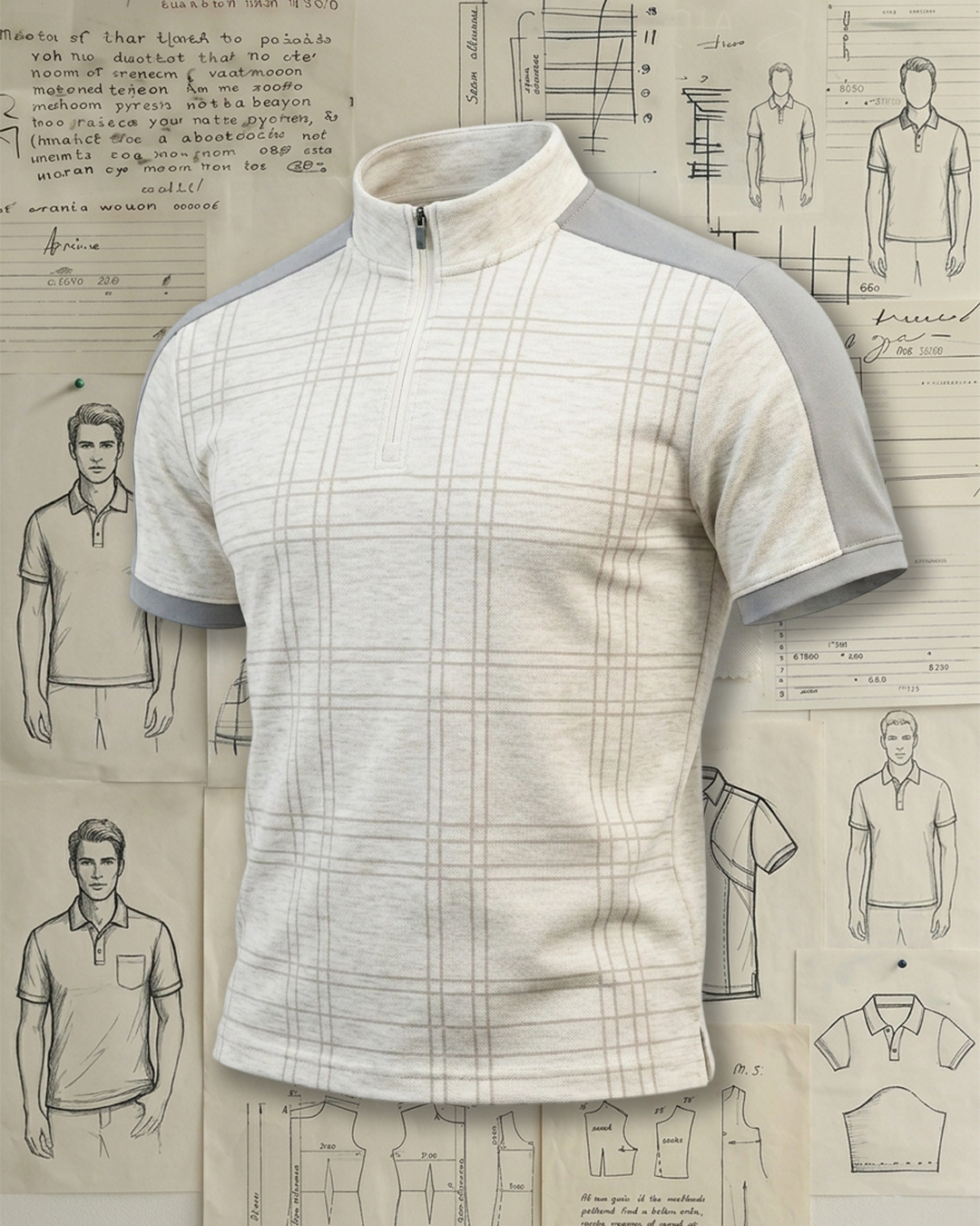 Men's Beige and Gray Plaid Half-zip Stand Collar Slim Fit Business Casual T-shirt