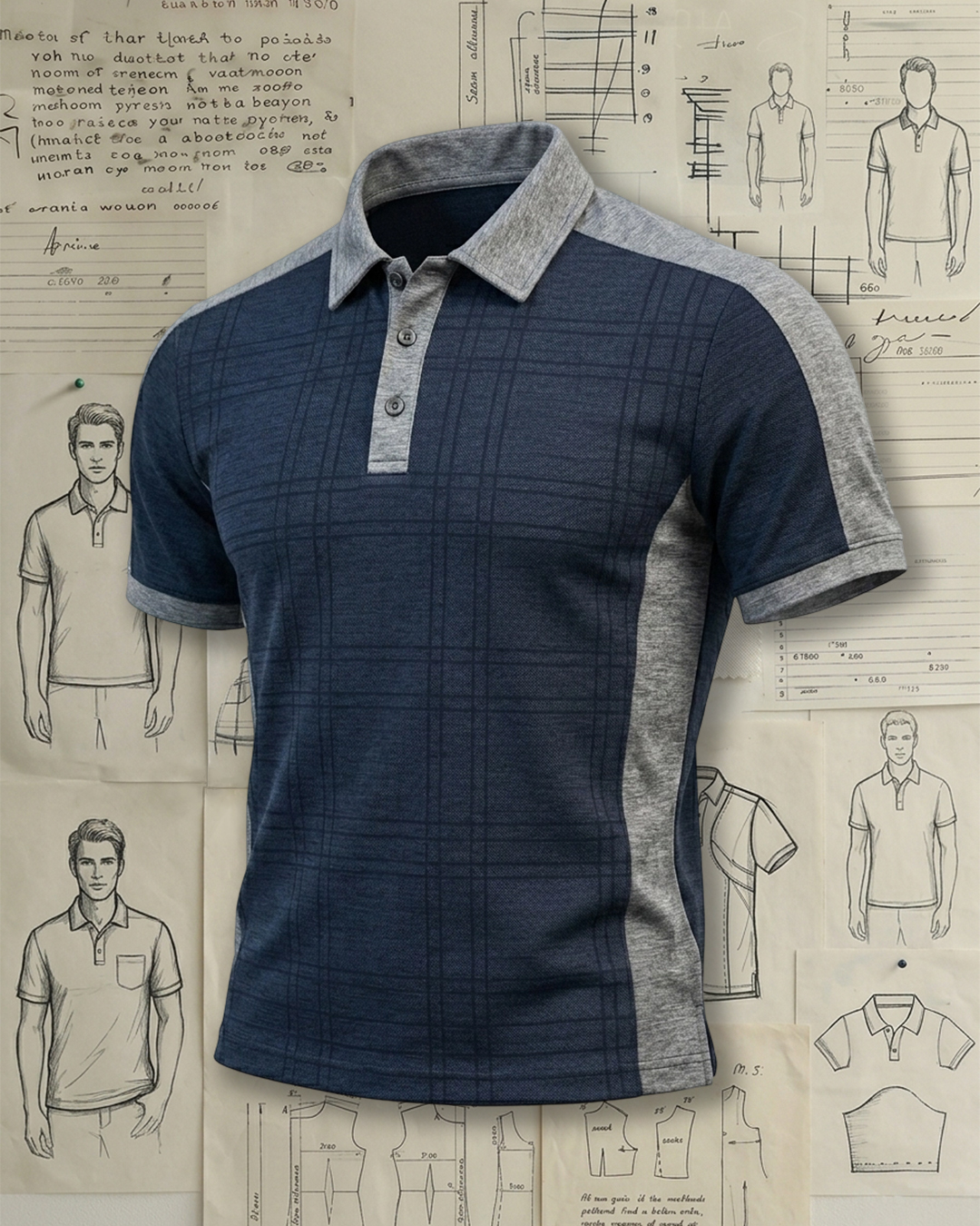 Men's Navy and Gray Plaid Color-blocked Slim Fit Business Casual Polo Shirt