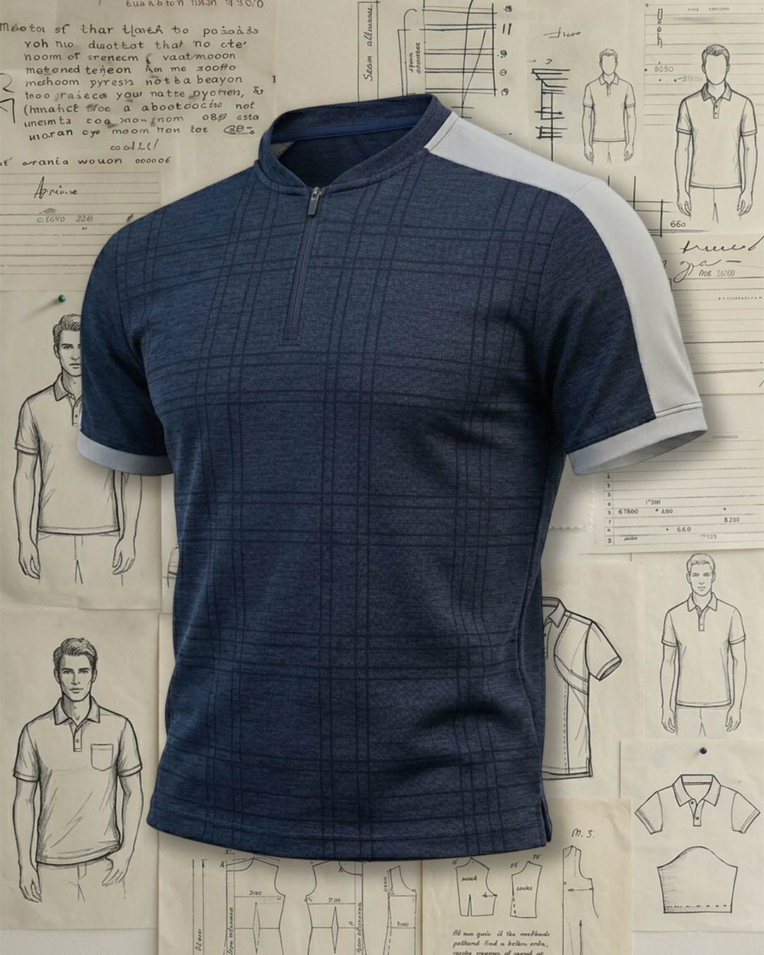Men's Navy and Gray Plaid Half-zip Stand Collar Slim Fit Casual T-shirt