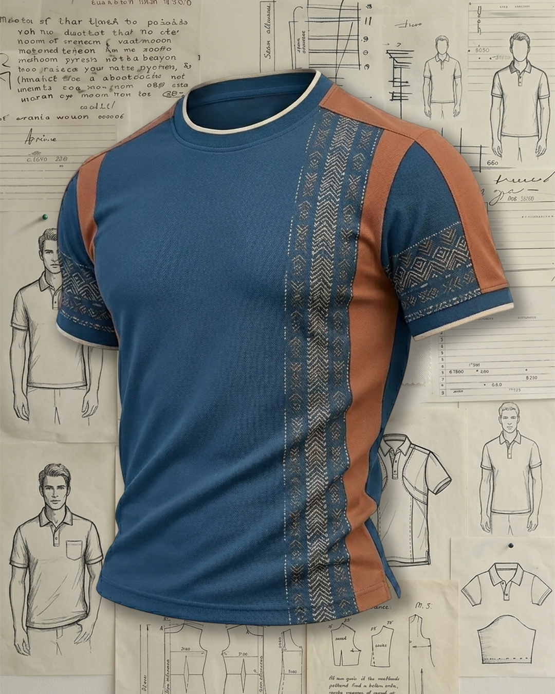 Men's Blue and Brown Ethnic Geometric Print Slim Fit Casual Crew Neck T-shirt