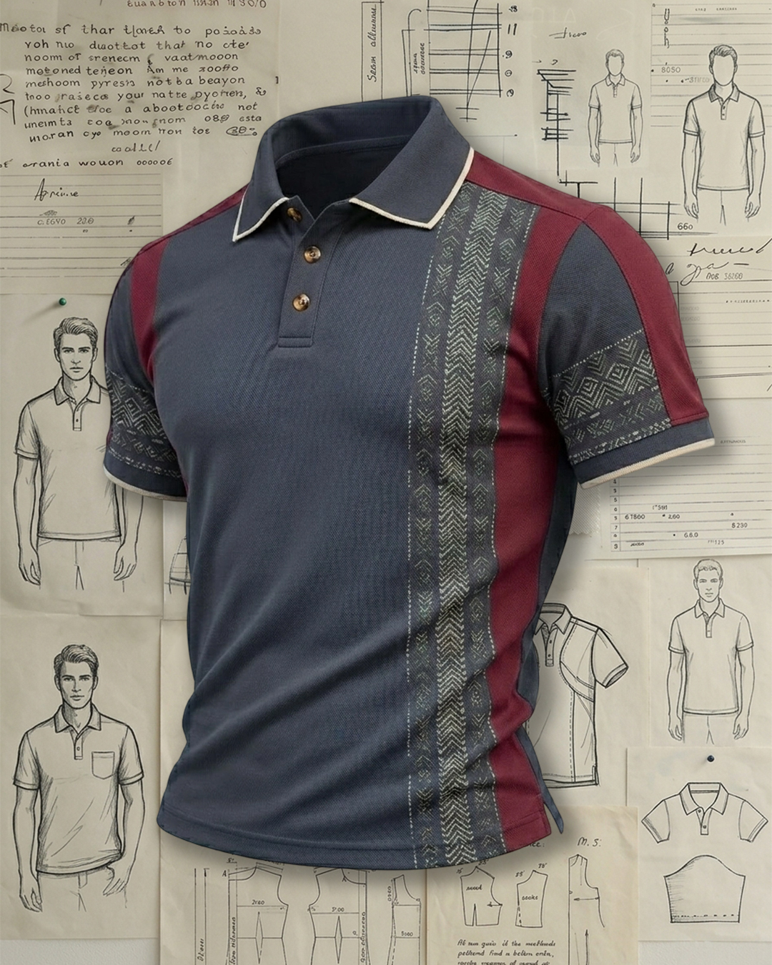 Men's Navy and Wine Red Ethnic Geometric Print Slim Fit Casual Polo Shirt