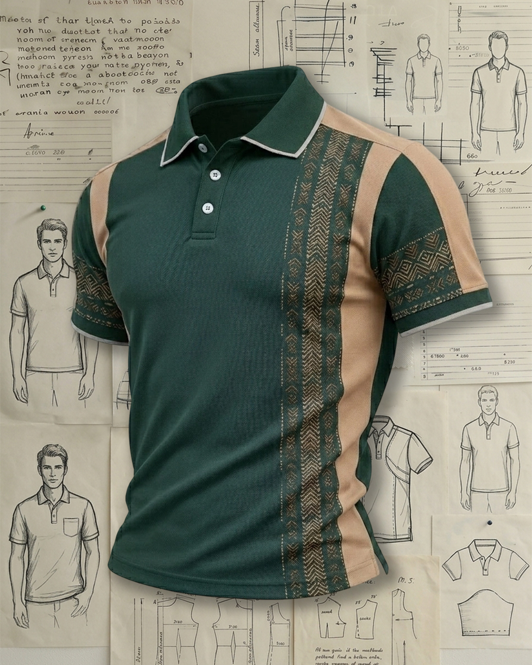 Men's Dark Green and Khaki Ethnic Geometric Print Slim Fit Casual Polo Shirt