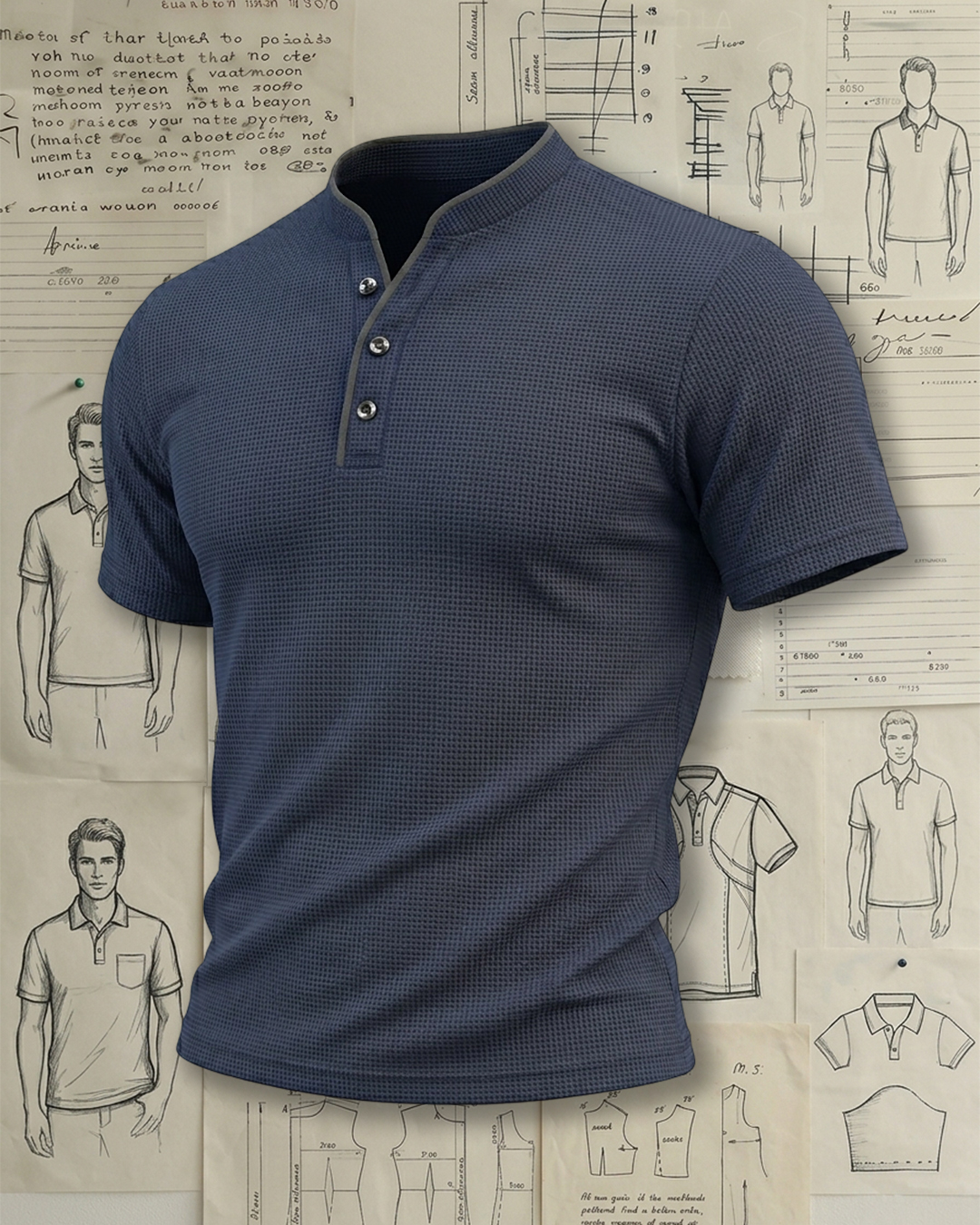 Men's Navy Waffle Knit Henley Collar Slim Fit Casual Short Sleeve T-shirt