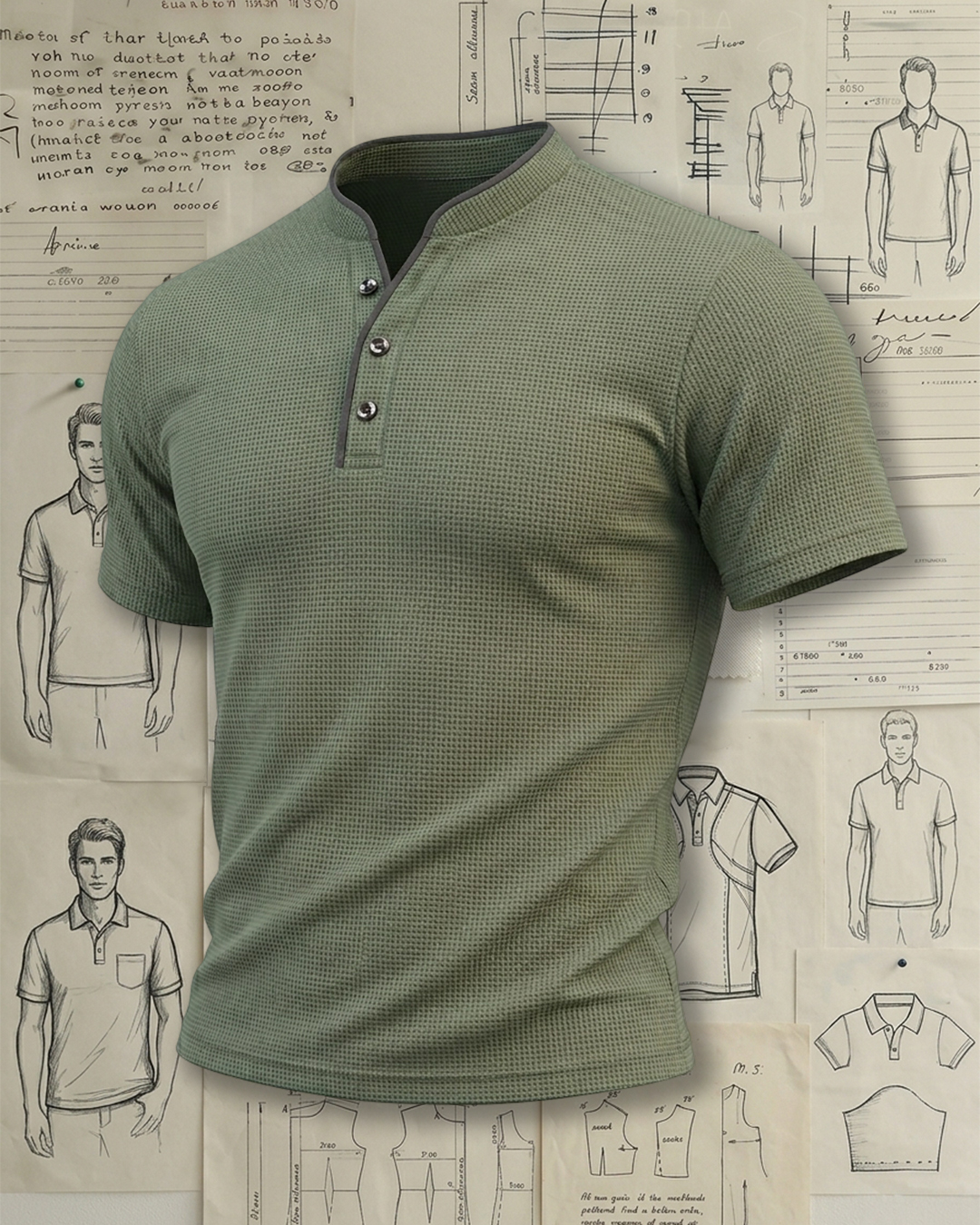 Men's Army Green Waffle Knit Henley Collar Slim Fit Casual Short Sleeve T-shirt