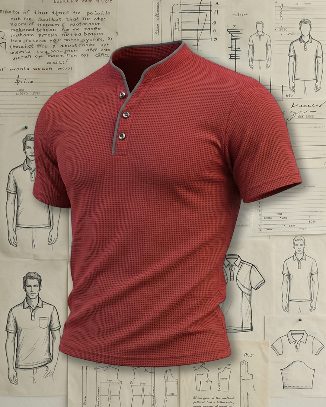 Men's Red Waffle Knit Henley Collar Slim Fit Casual Short Sleeve T-shirt