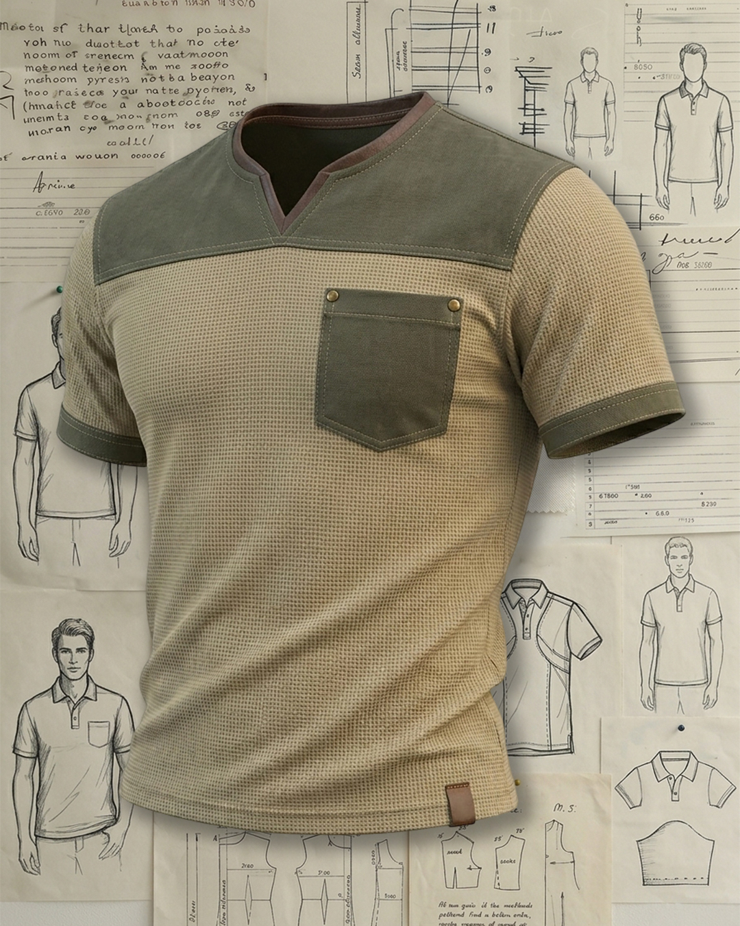 Men's Khaki and Army Green Waffle Knit Henley Collar Slim Fit Retro Casual T-shirt