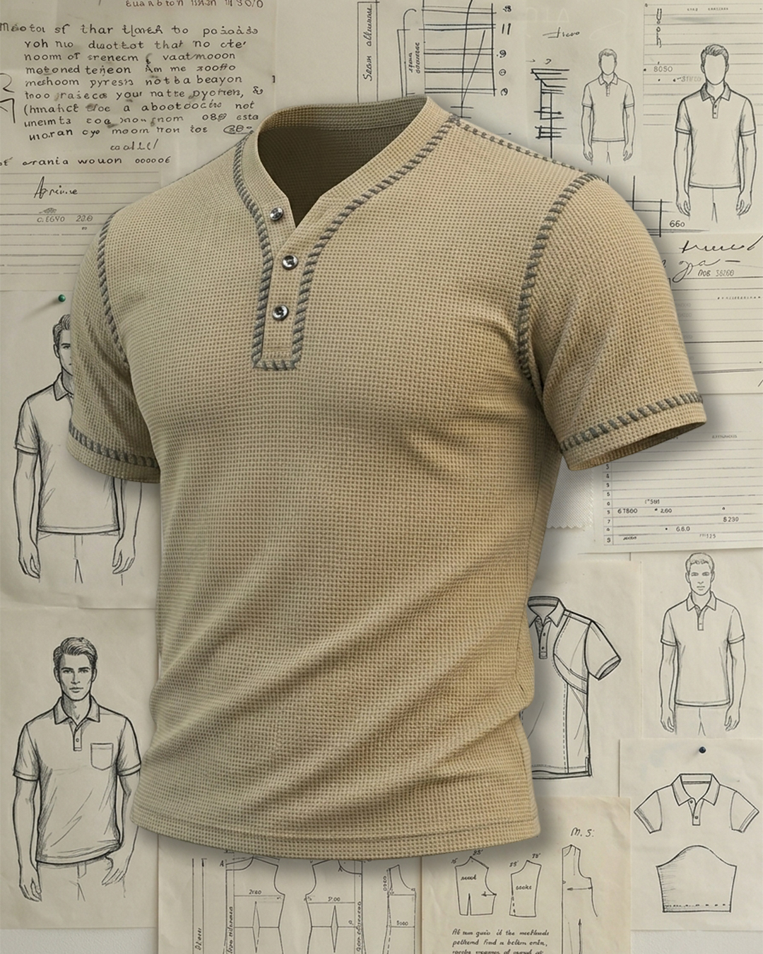 Men's Khaki Waffle Knit Contrast Stitch Henley Collar Slim Fit Retro Casual T-shirt