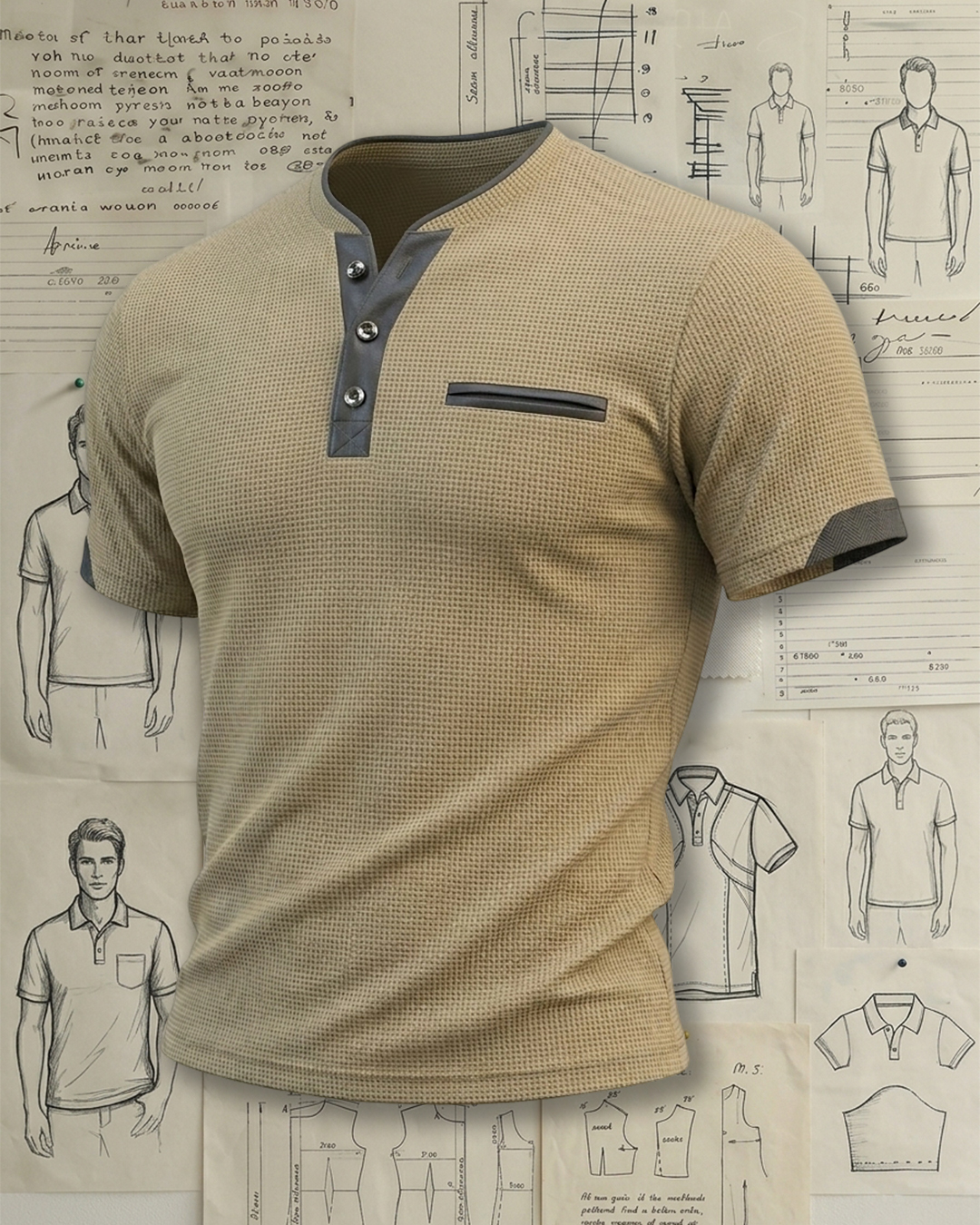 Men's Khaki Waffle Knit Leather Trim Henley Collar Slim Fit Casual T-shirt
