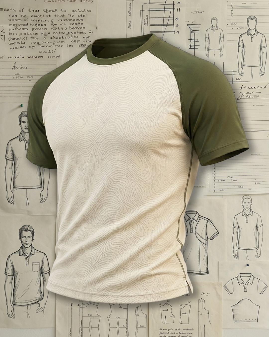 Men's Beige and Army Green Raglan Sleeve Slim Fit Casual Wavy Texture T-shirt