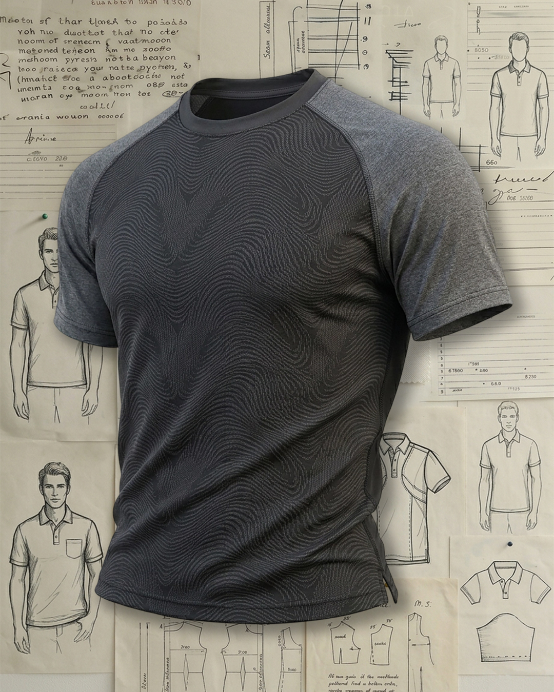 Men's Black and Grey Wavy Texture Raglan Sleeve Slim Fit Performance T-shirt