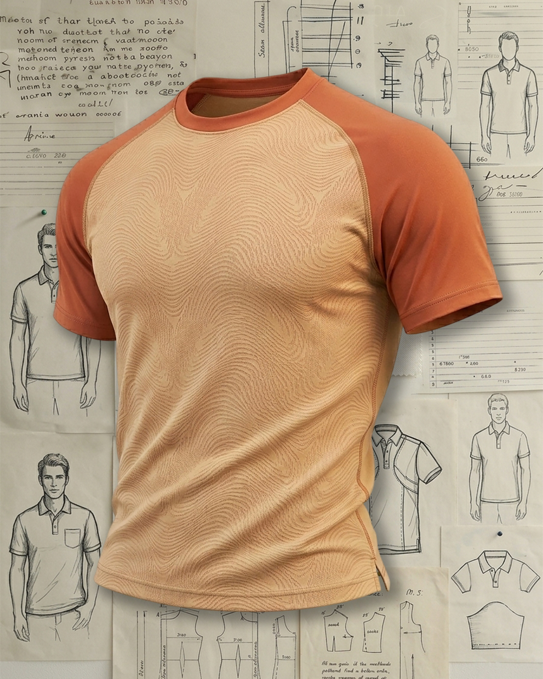 Men's Khaki and Orange Wavy Texture Raglan Sleeve Slim Fit Performance T-shirt