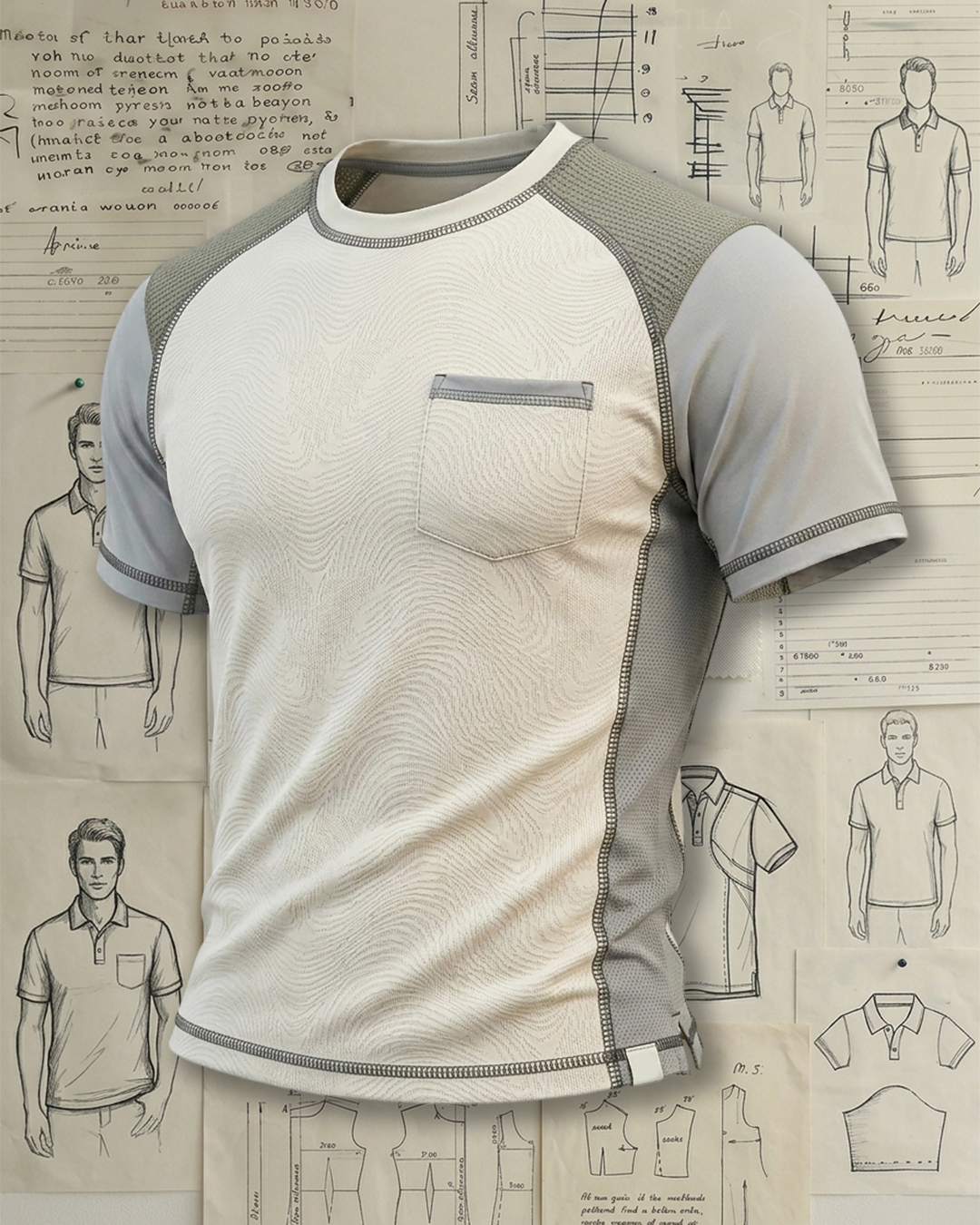 Men's Beige and Grey Pocketed Raglan Sleeve Slim Fit Casual Wavy Texture T-shirt