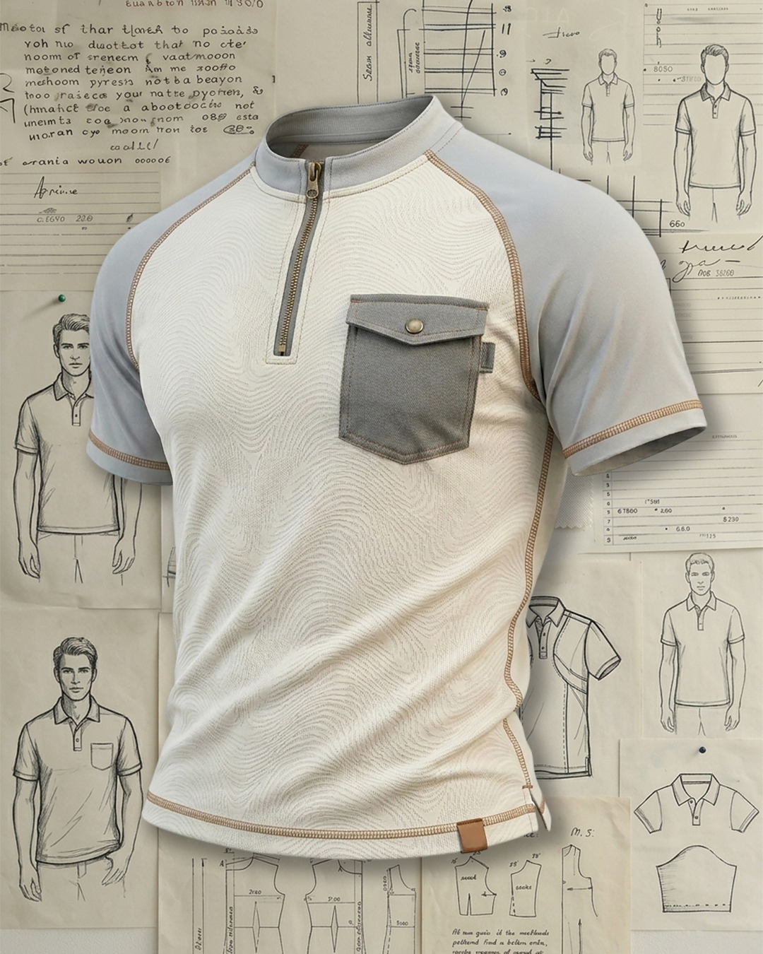 Men's Beige and Grey Half-zip Stand Collar Slim Fit Retro Workwear T-shirt