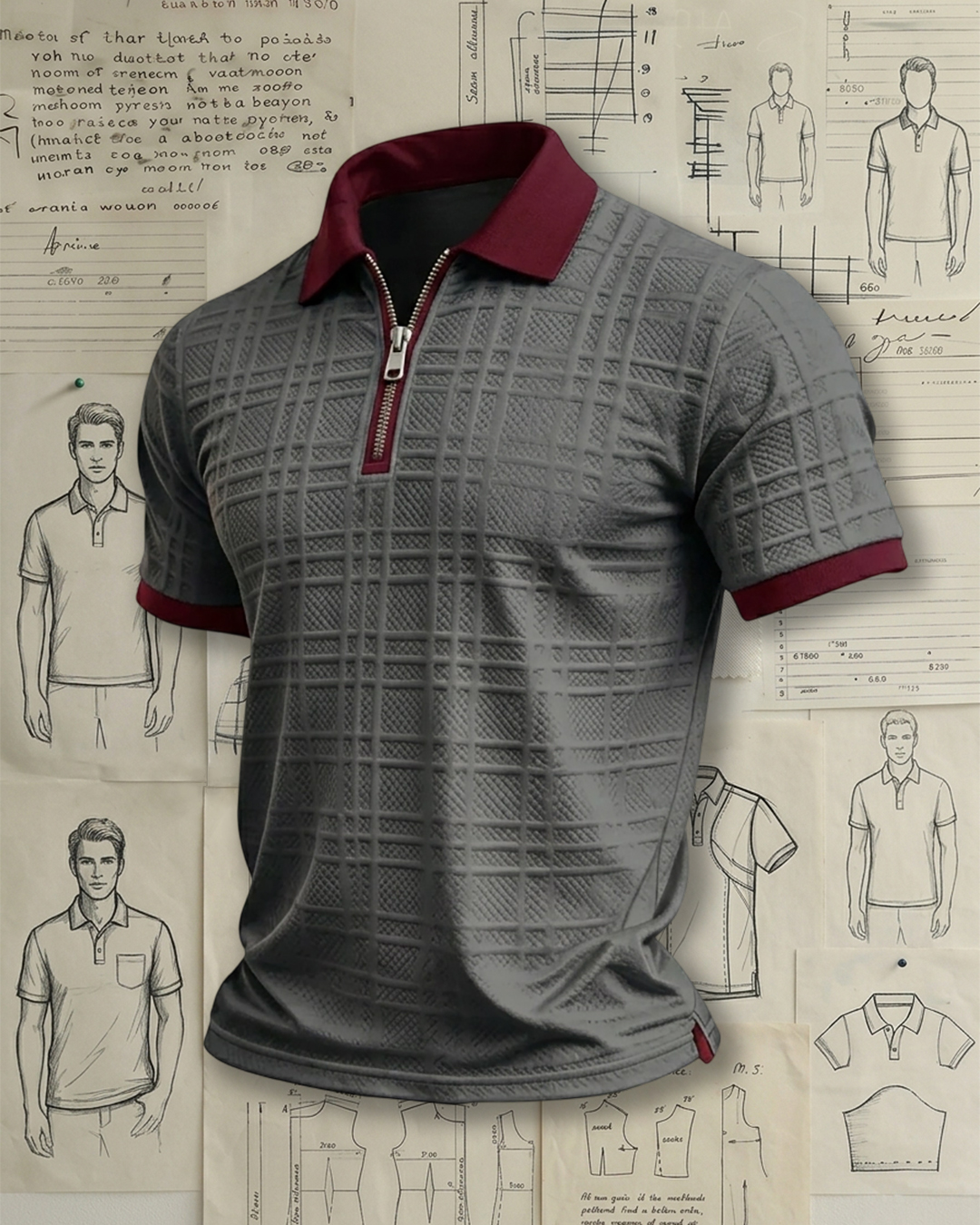 Men's Grey and Maroon Grid Textured Half-zip Slim Fit Old Money Polo Shirt