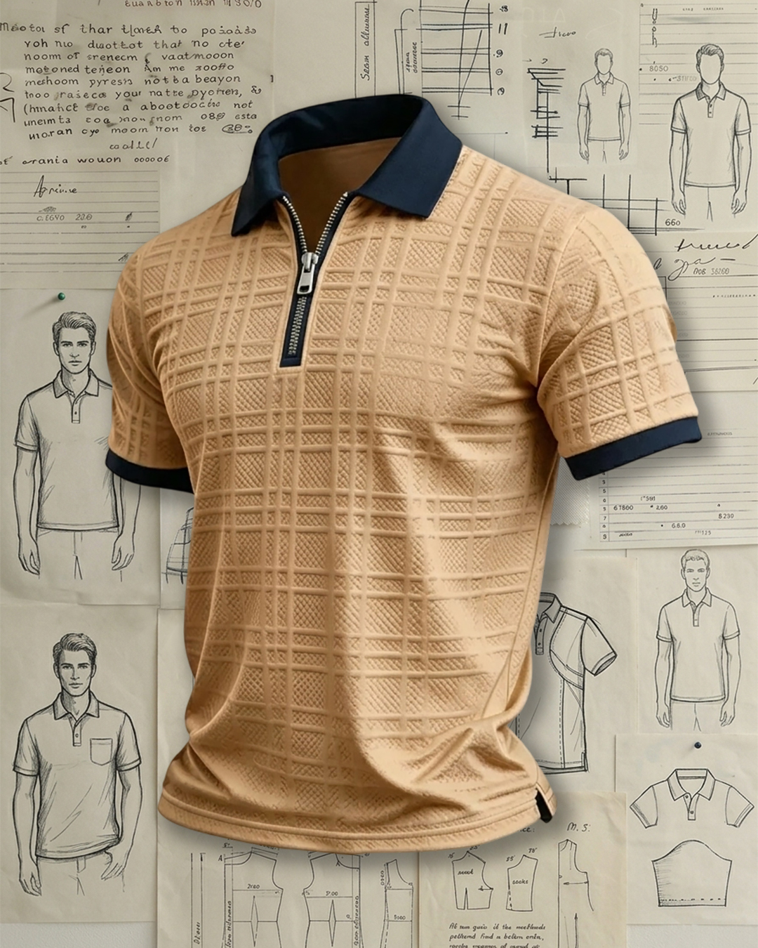 Men's Khaki and Navy Grid Textured Half-zip Slim Fit Business Casual Polo Shirt