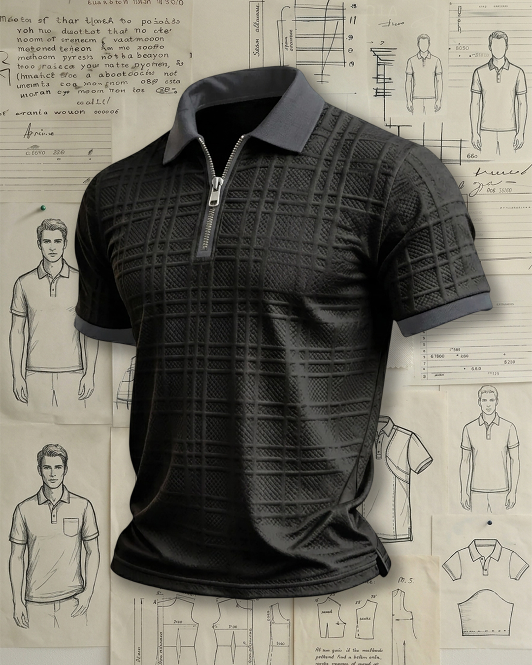 Men's Black and Dark Grey Grid Textured Half-zip Slim Fit Business Casual Polo Shirt
