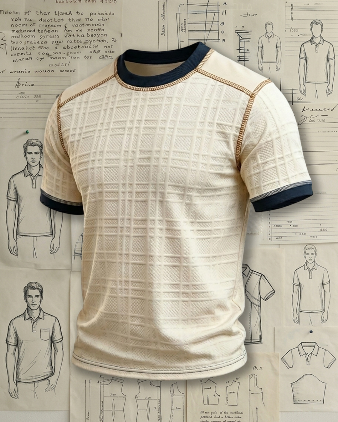 Men's Beige and Navy Grid Textured Slim Fit Retro Casual T-shirt