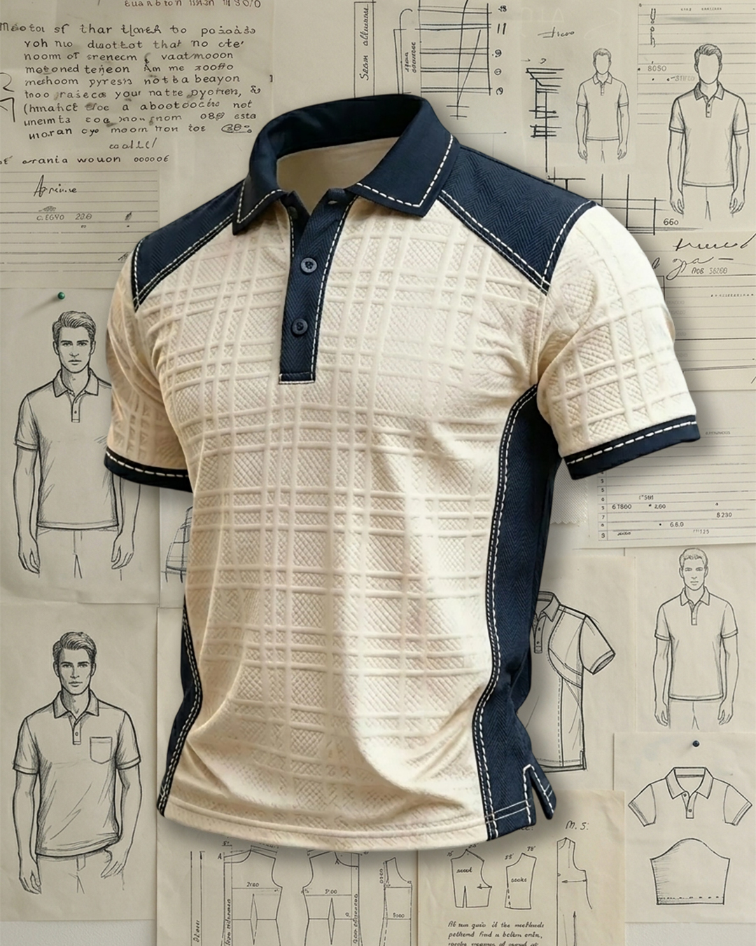 Men's Beige and Navy Contrast Stitch Grid Textured Slim Fit Retro Workwear Polo Shirt