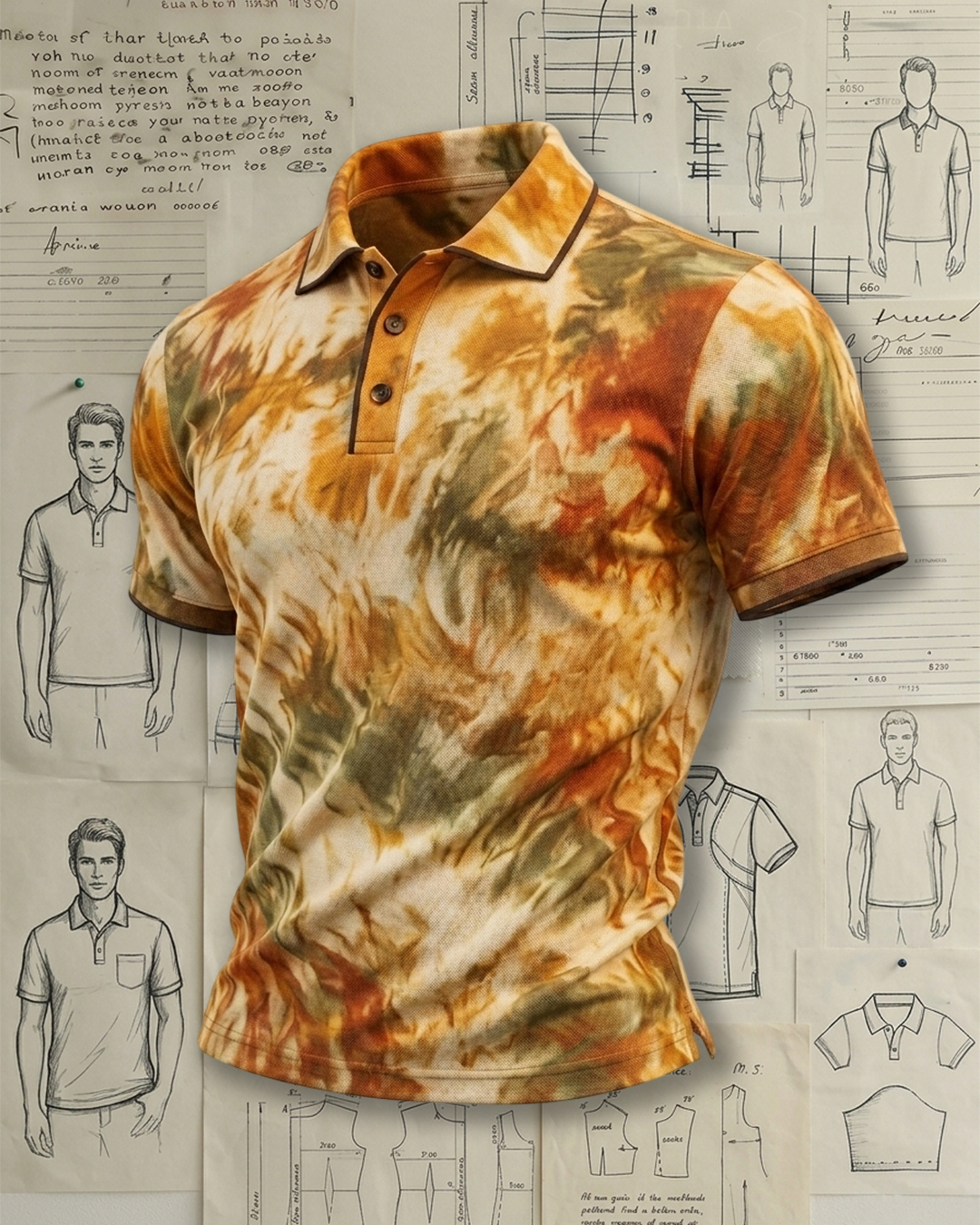 Men's Yellow Brown Tie-dye Slim Fit Retro Casual Polo Shirt、