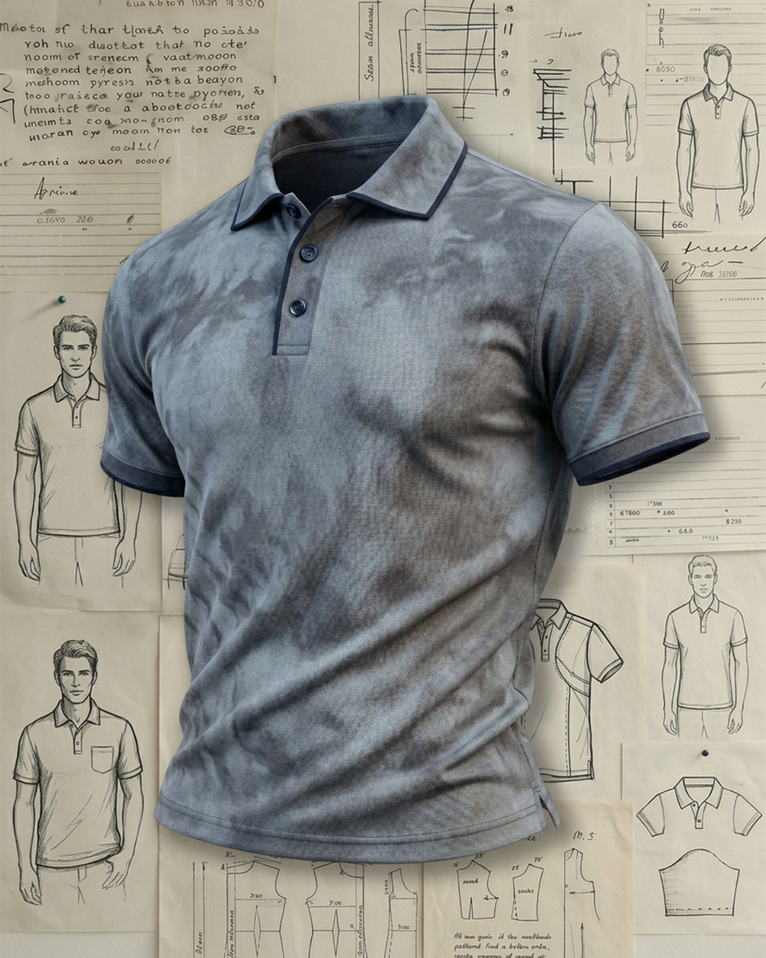 Men's Grey Blue Cloud Tie-dye Slim Fit Business Casual Polo Shirt