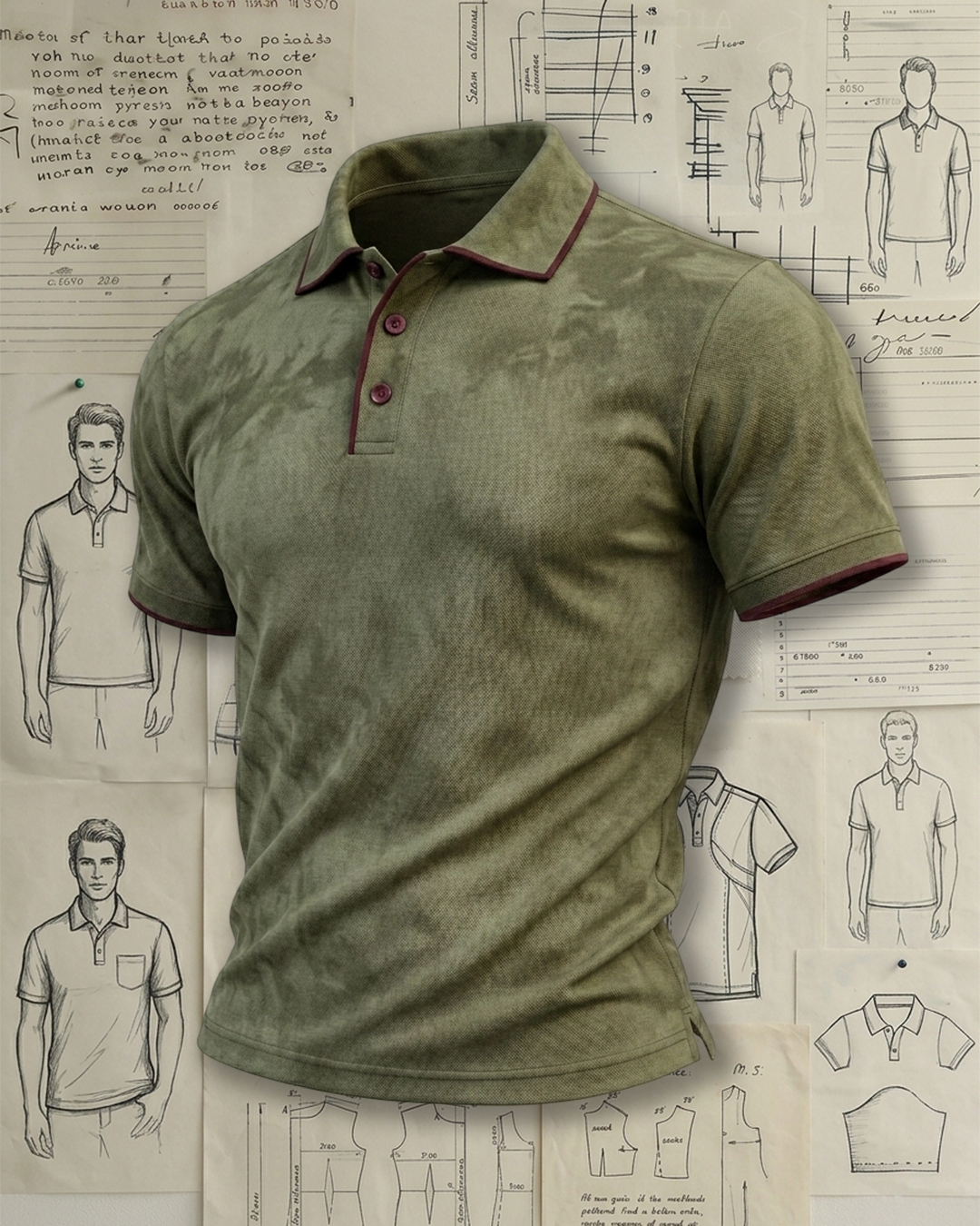 Men's Olive Green and Wine Red Tie-dye Slim Fit Vintage Casual Polo Shirt
