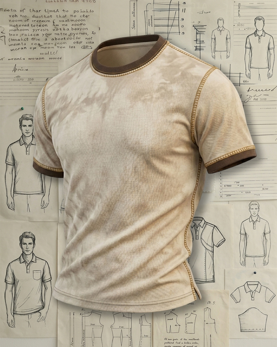 Men's Beige and Brown Washed Tie-dye Slim Fit Vintage Casual T-shirt