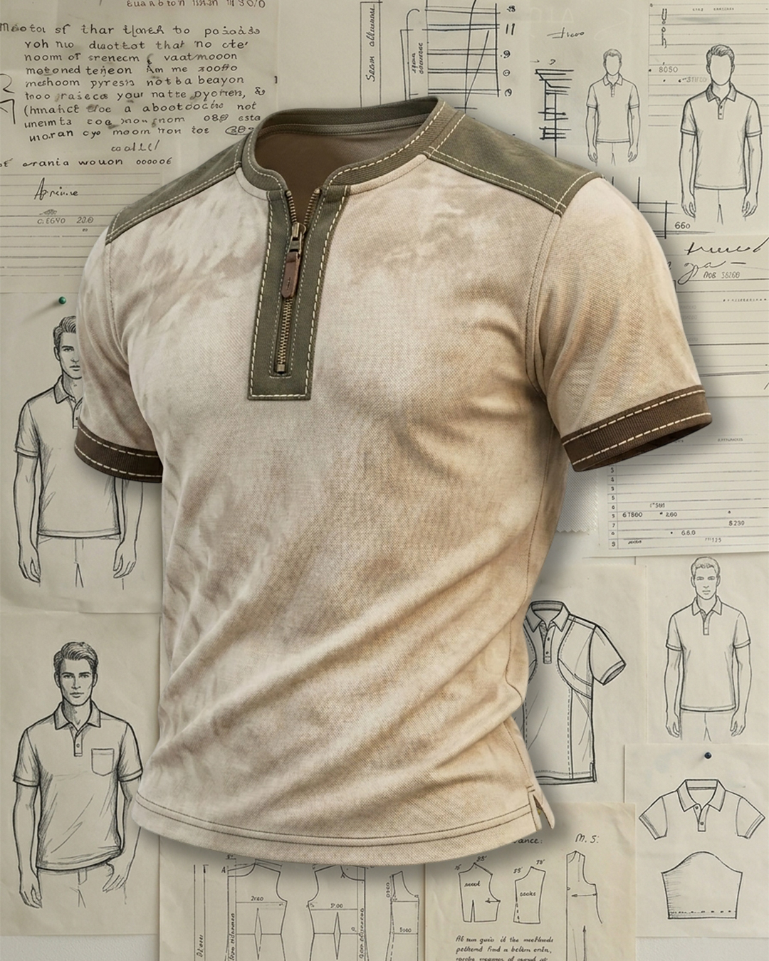 Men's Khaki and Army Green Washed Tie-dye Slim Fit Retro Workwear Henley T-shirt