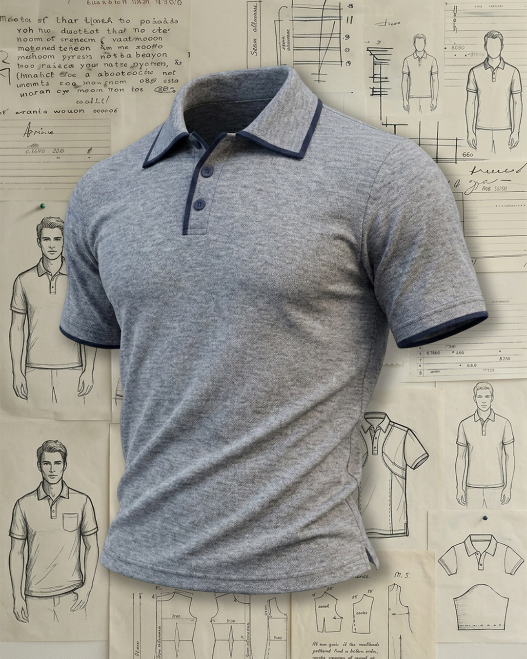 Men's Heather Grey and Navy Trim Slim Fit Smart Casual Plain Polo Shirt