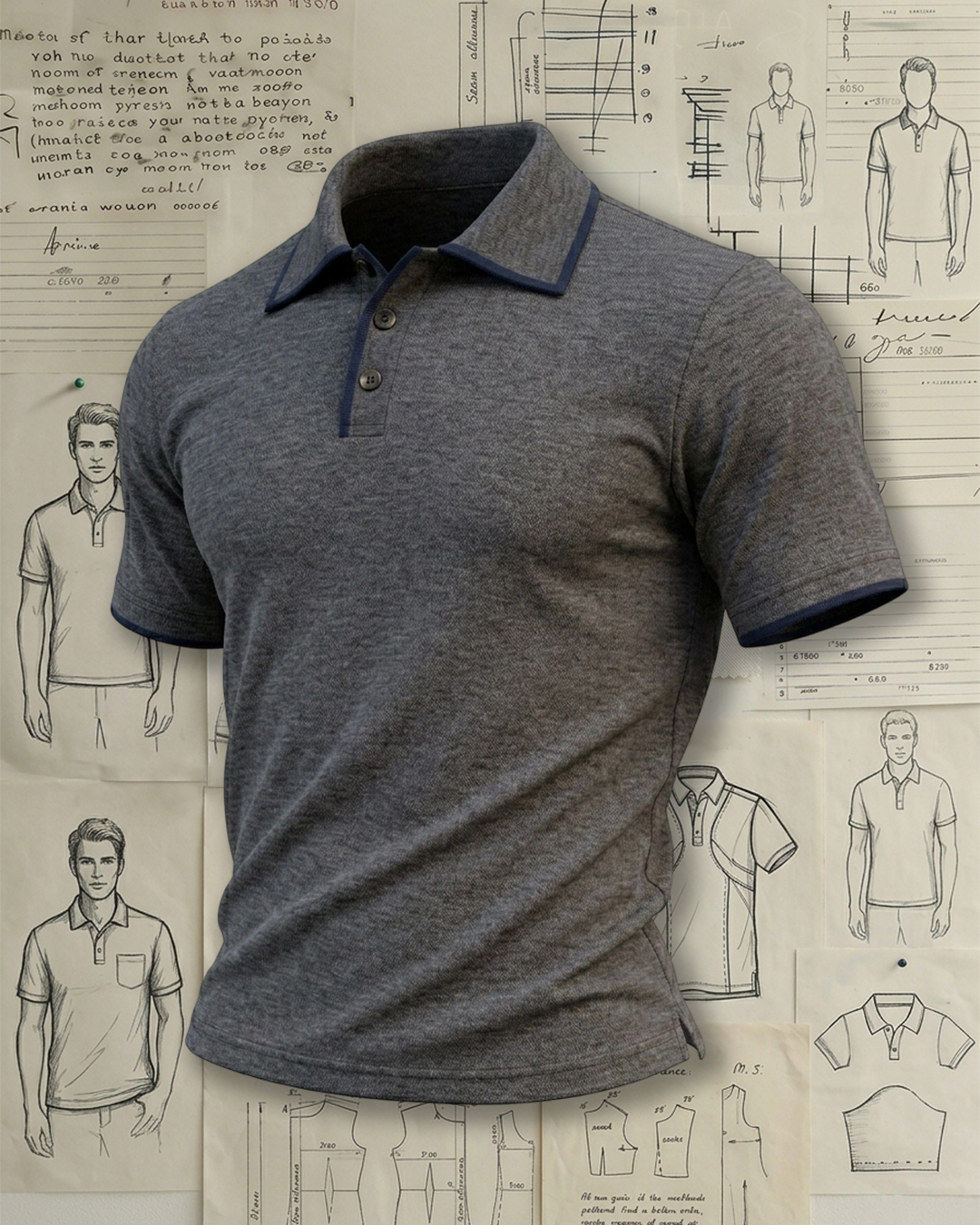 Men's Dark Heather Grey and Navy Trim Slim Fit Old Money Plain Polo Shirt