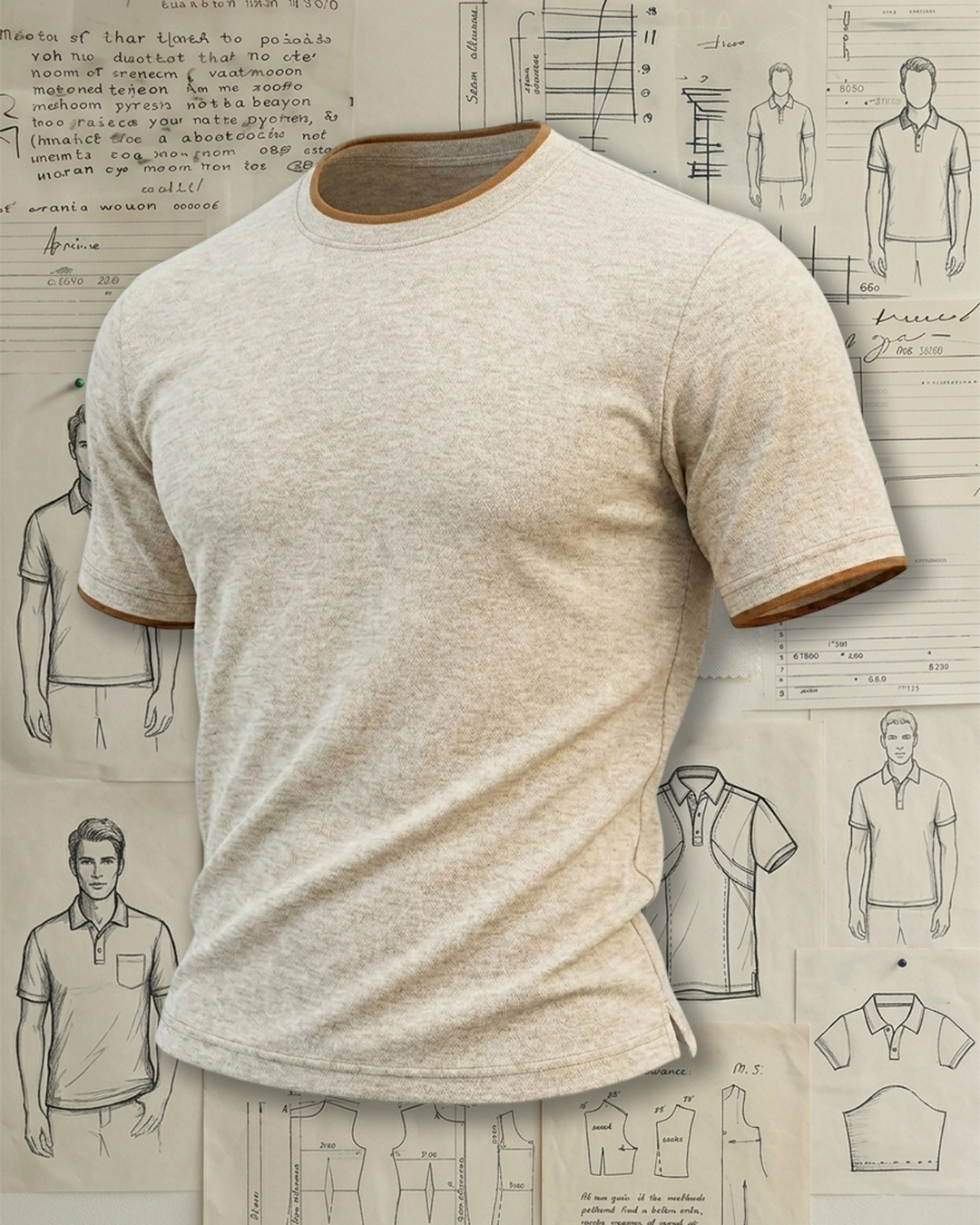 Men's Oatmeal and Tan Trim Slim Fit Minimalist Plain Crewneck T-shirt