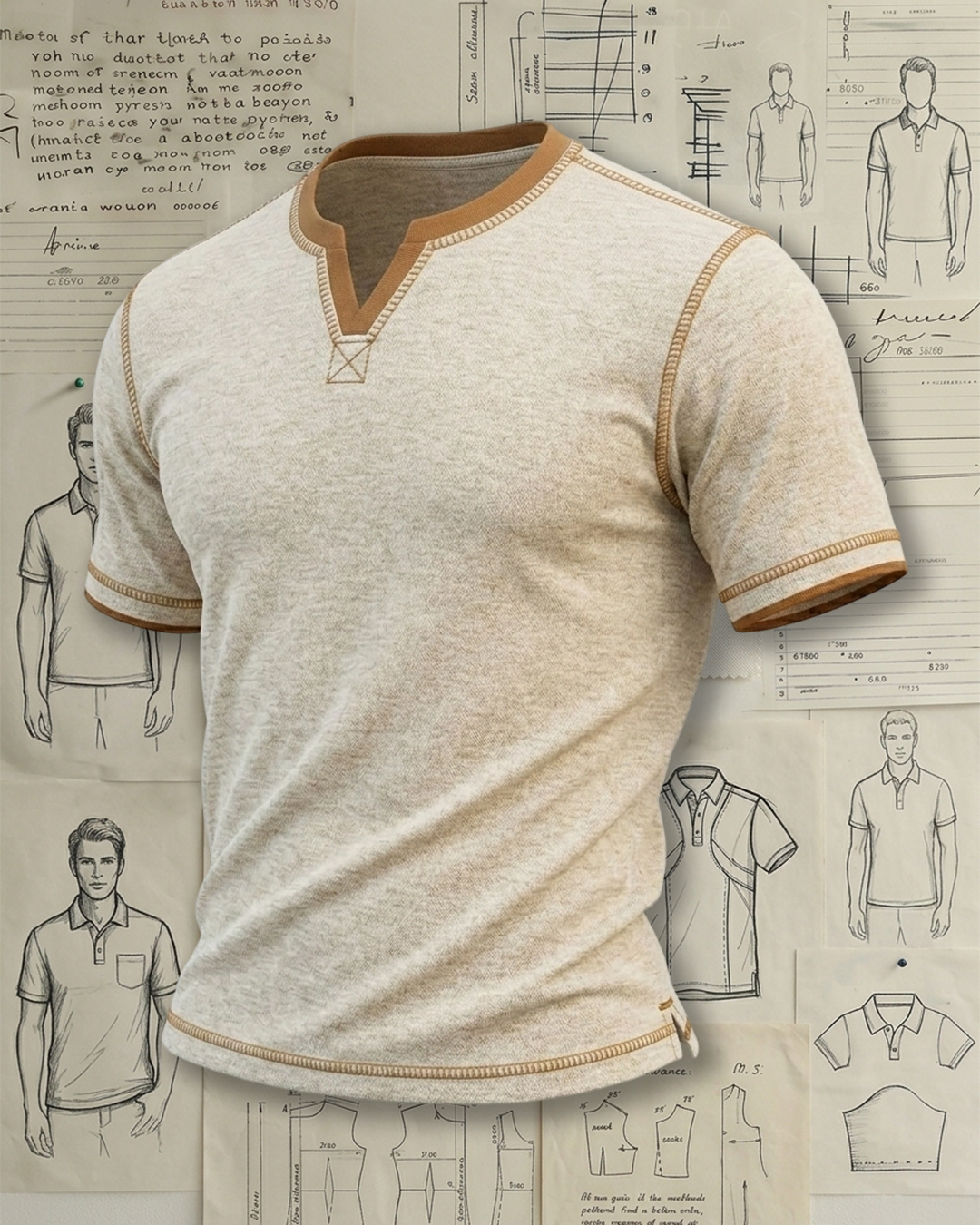 Men's Oatmeal and Tan Trim Slim Fit Retro Casual Plain Henley T-shirt