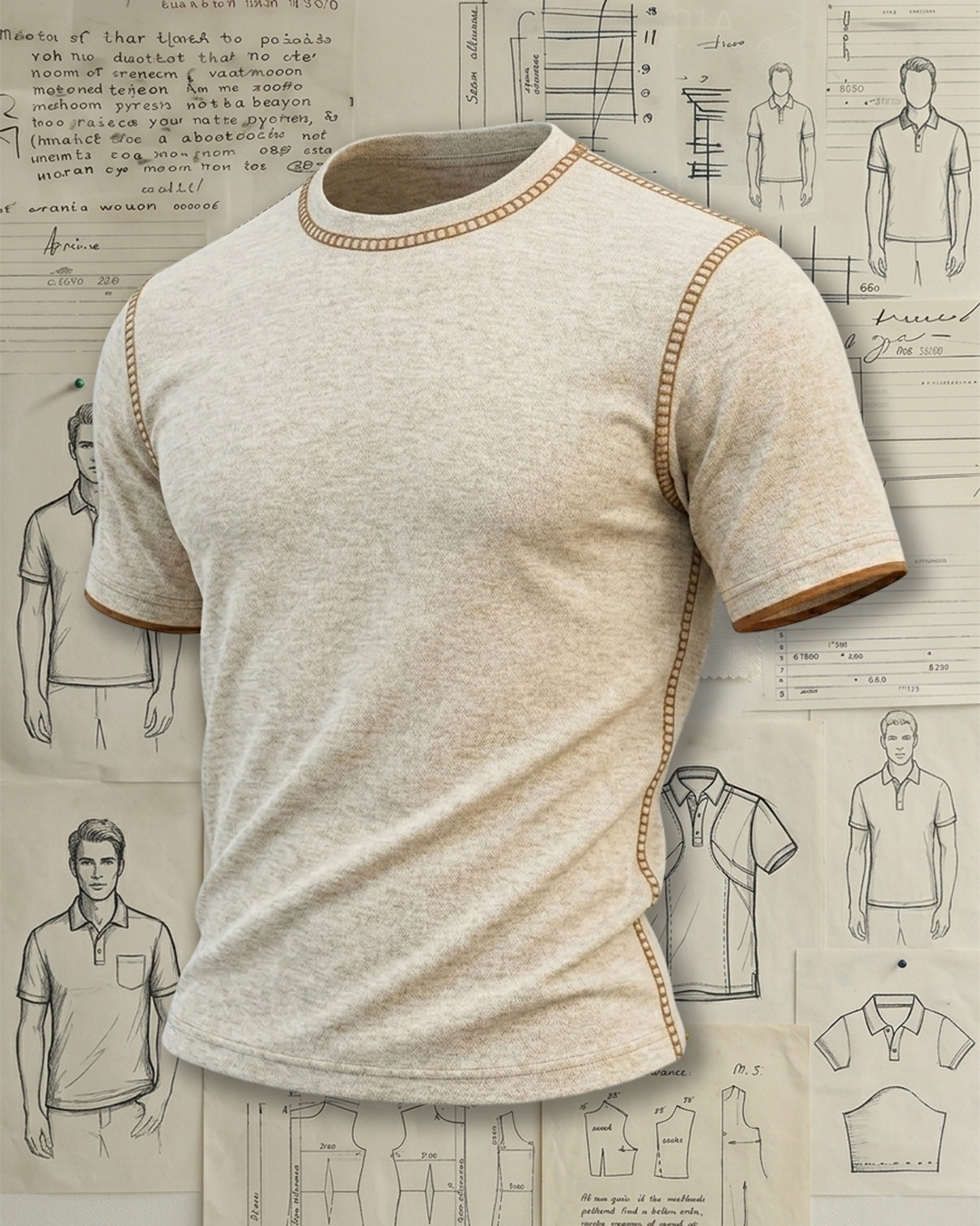 Men's Oatmeal and Tan Stitched Slim Fit Retro Casual Plain Crewneck T-shirt