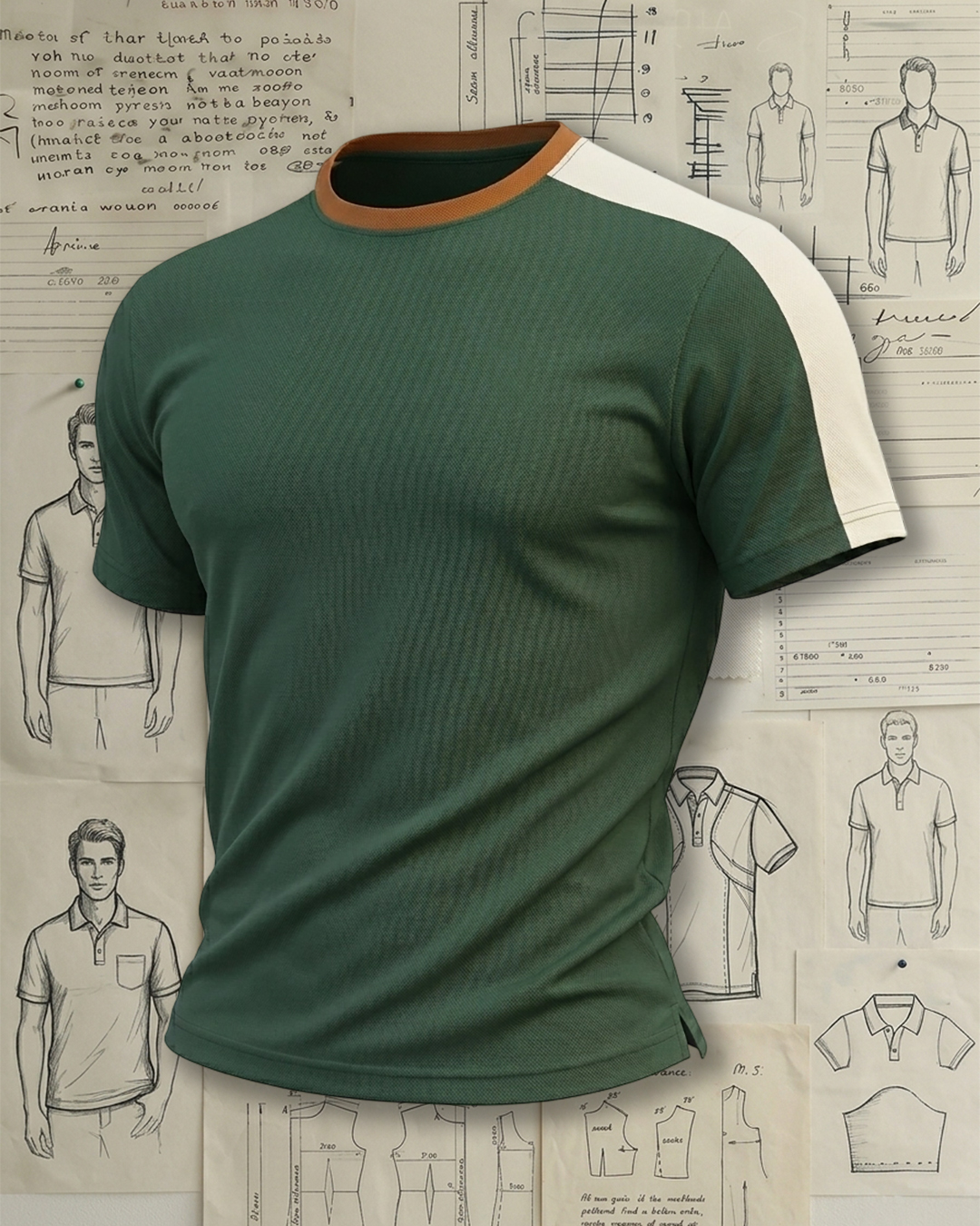 Men's Dark Green and Beige Panel Slim Fit Retro Sporty Plain Crewneck T-shirt